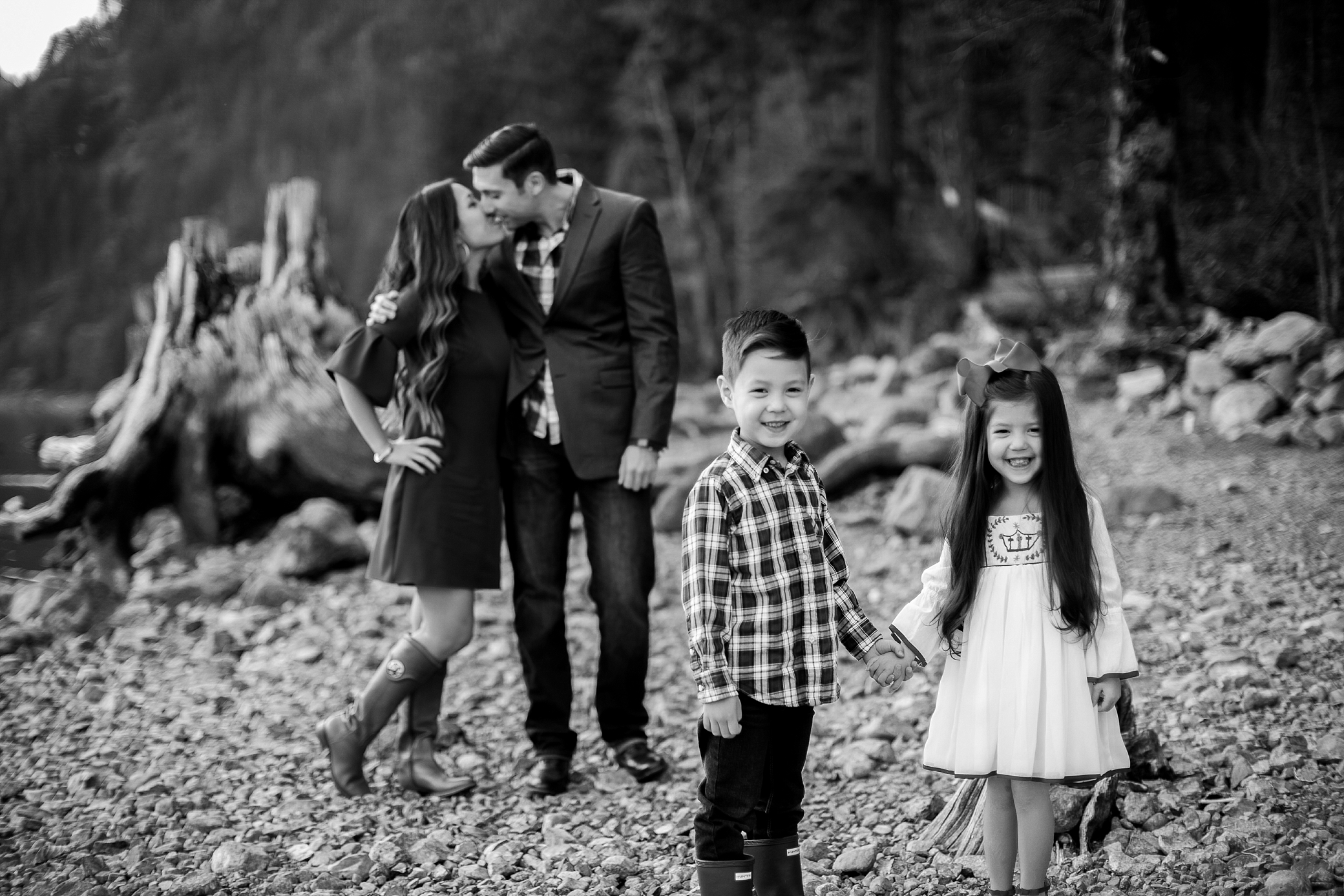 Black and white family portrait with Olympia Photographer, Megan Montalvo