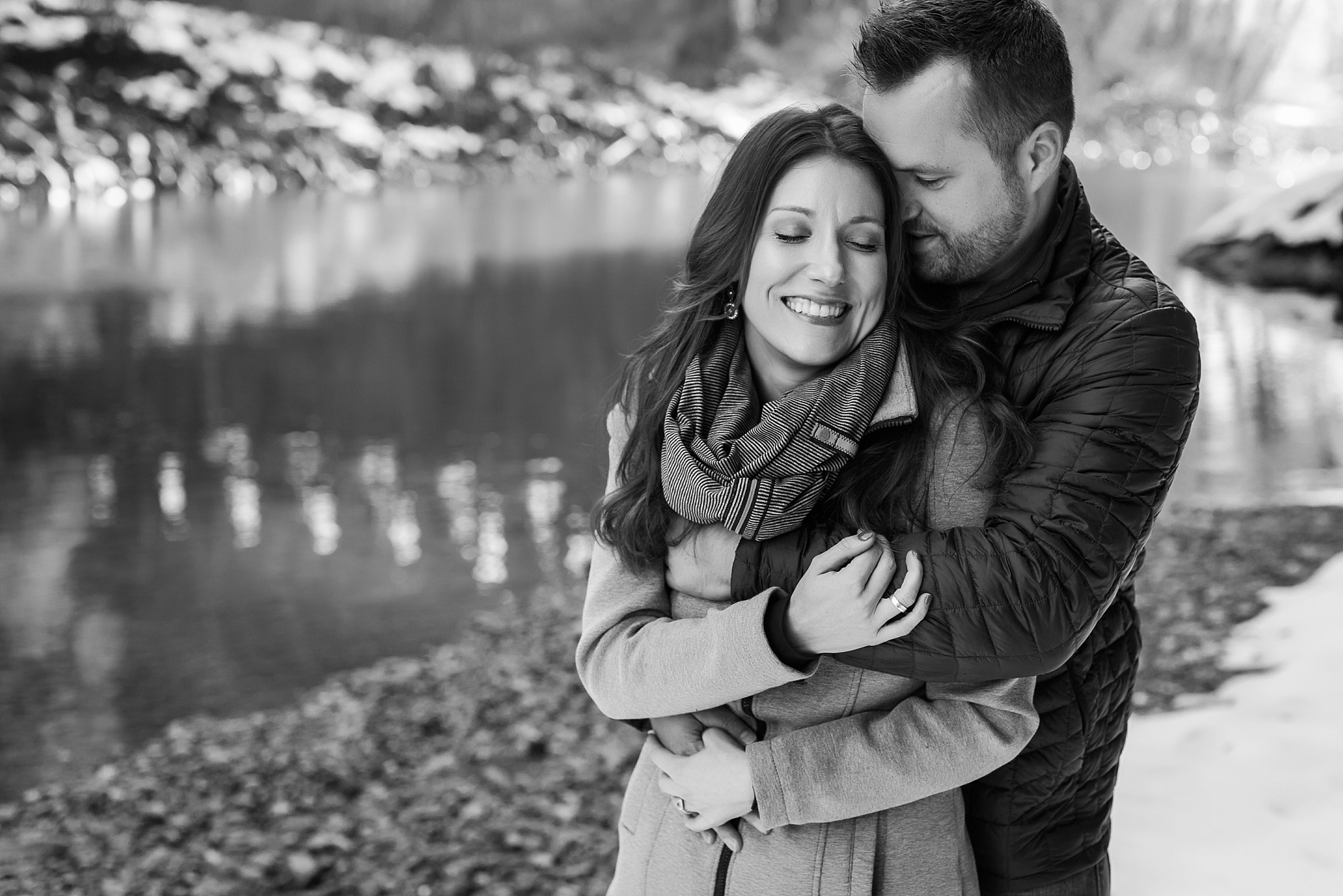 Black and white engagement photo with Seattle Adventure Photographer, Megan Montalvo Photography