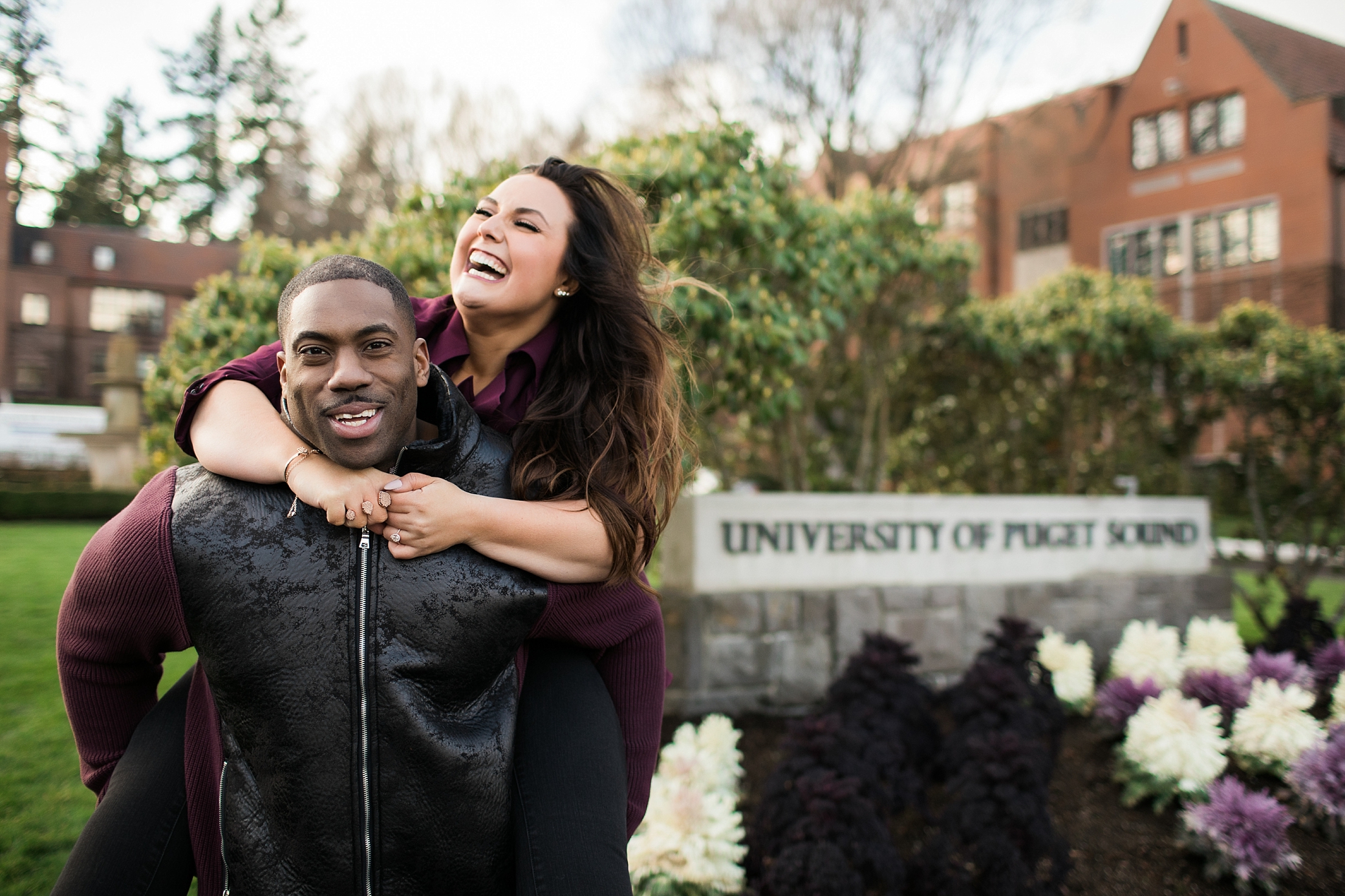 Couple in front of University of Puget Sound | Megan Montalvo Photography