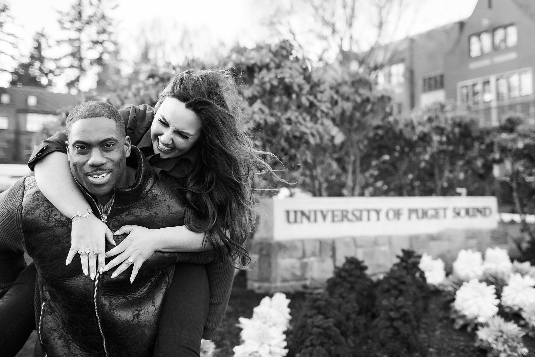 Couple in front of University of Puget Sound | Megan Montalvo Photography