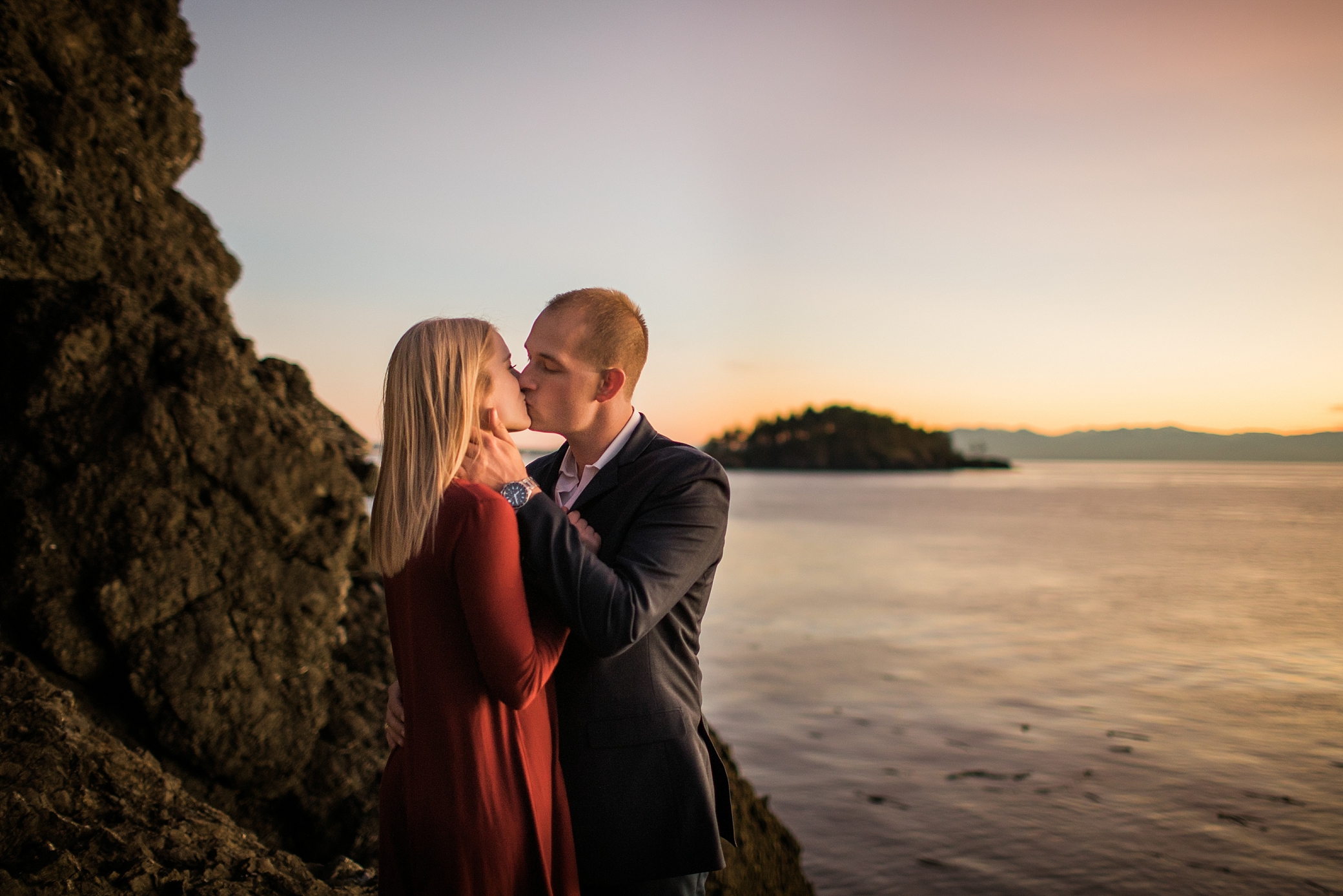 Couple kissing during sunset engagement photos | Megan Montalvo Photography