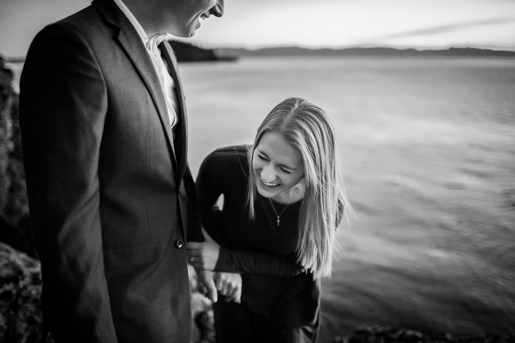 Bride to be laughing during engagement session at Rosario Beach | Megan Montalvo Photography