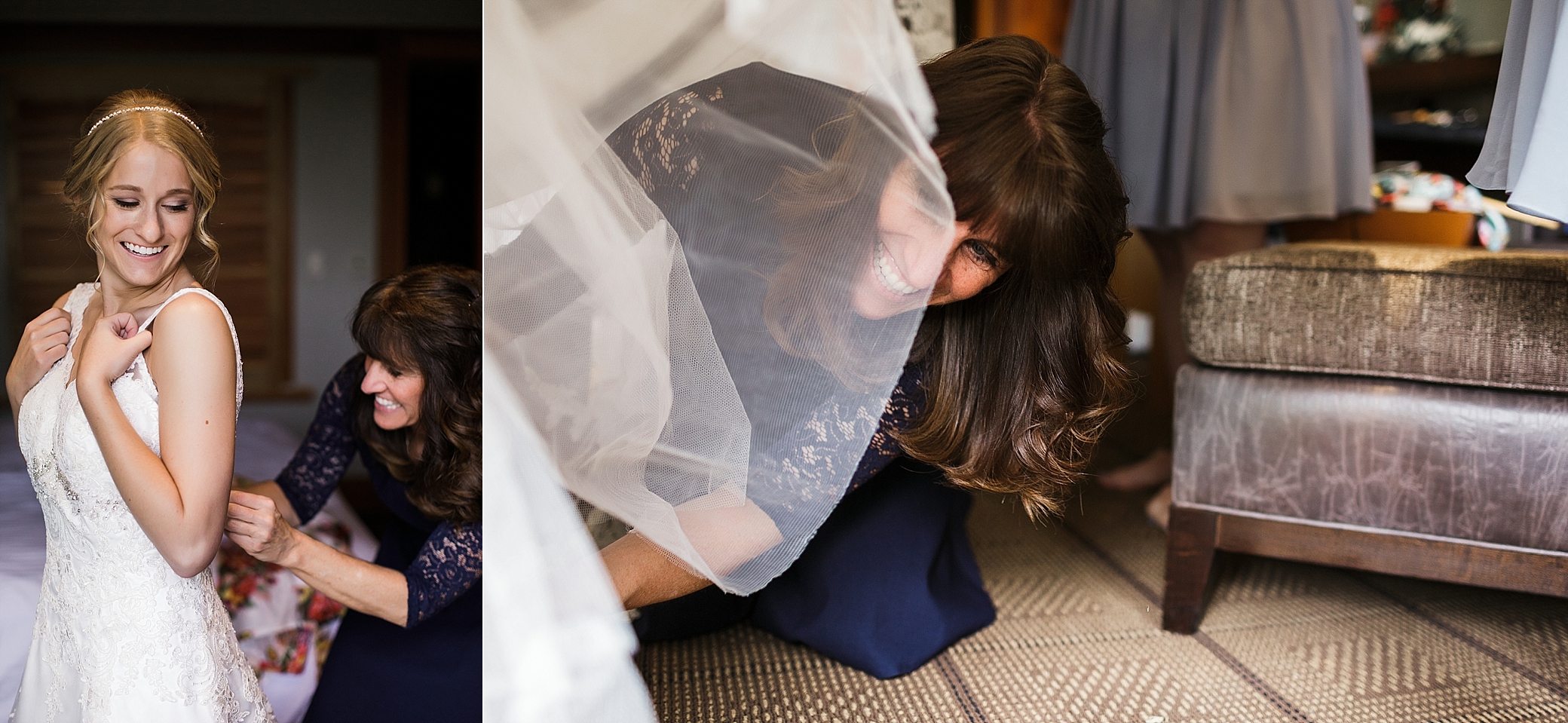 Bride putting on wedding dress | Woodinville Wedding Photographer, Megan Montalvo Photography 