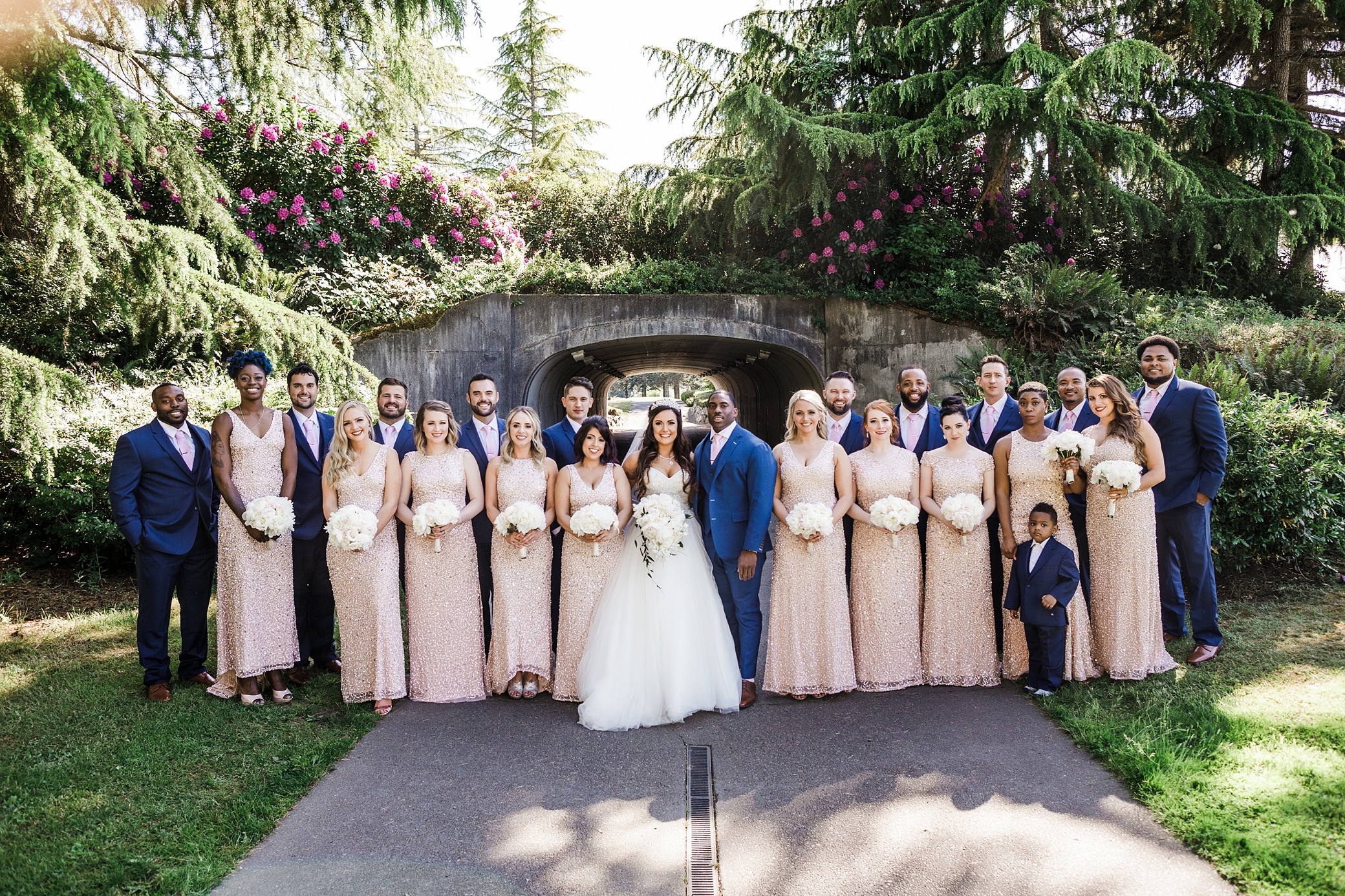 Bride and groom with large wedding party at Olympia Wedding with Megan Montalvo Photography