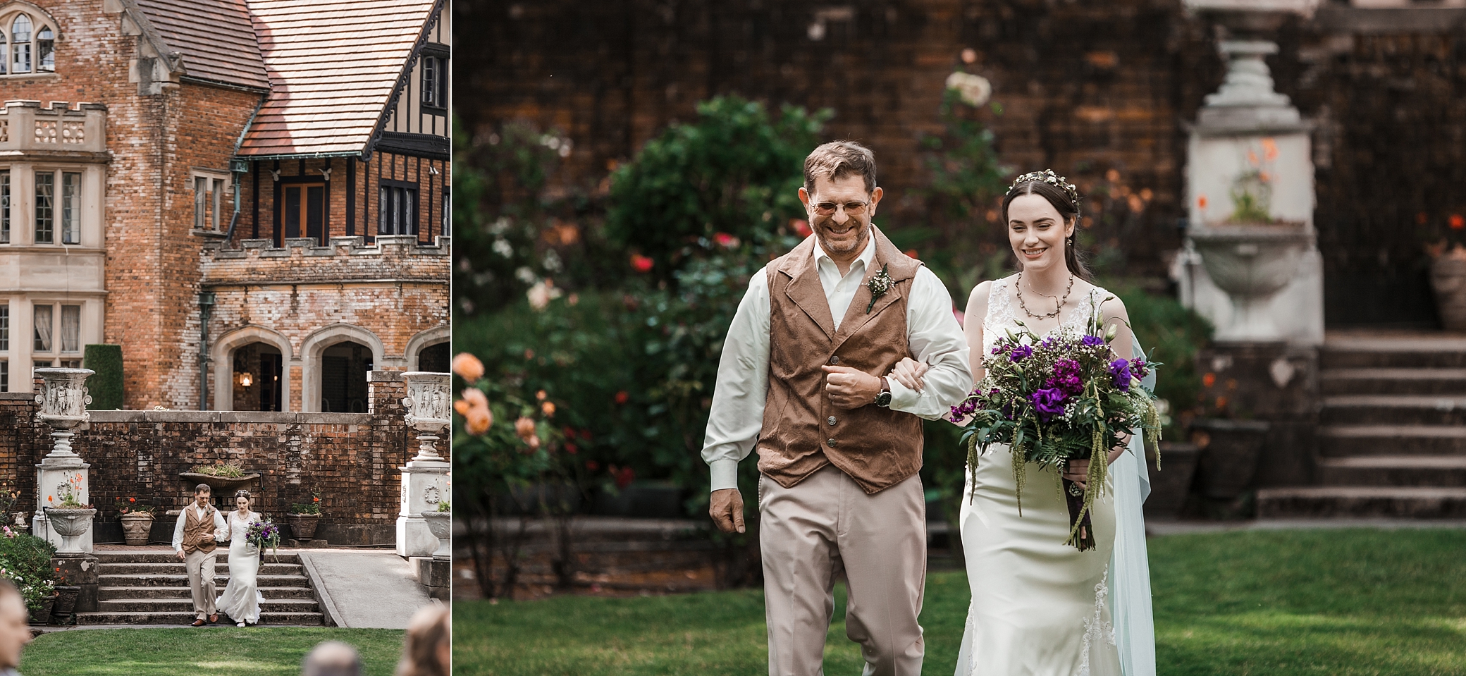 Bride and father walking down the aisle at Thornewood Castle Wedding | Megan Montalvo Photography