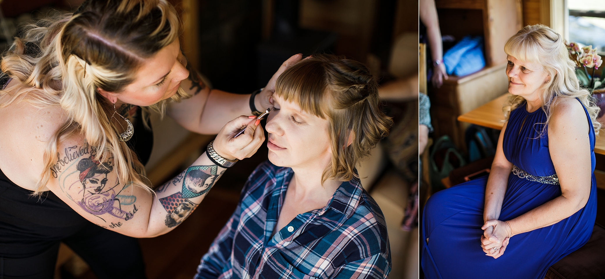 Bride getting ready for her wedding day at the Olympic View Cabins photographed by Seattle Wedding Photographer, Megan Montalvo Photography 