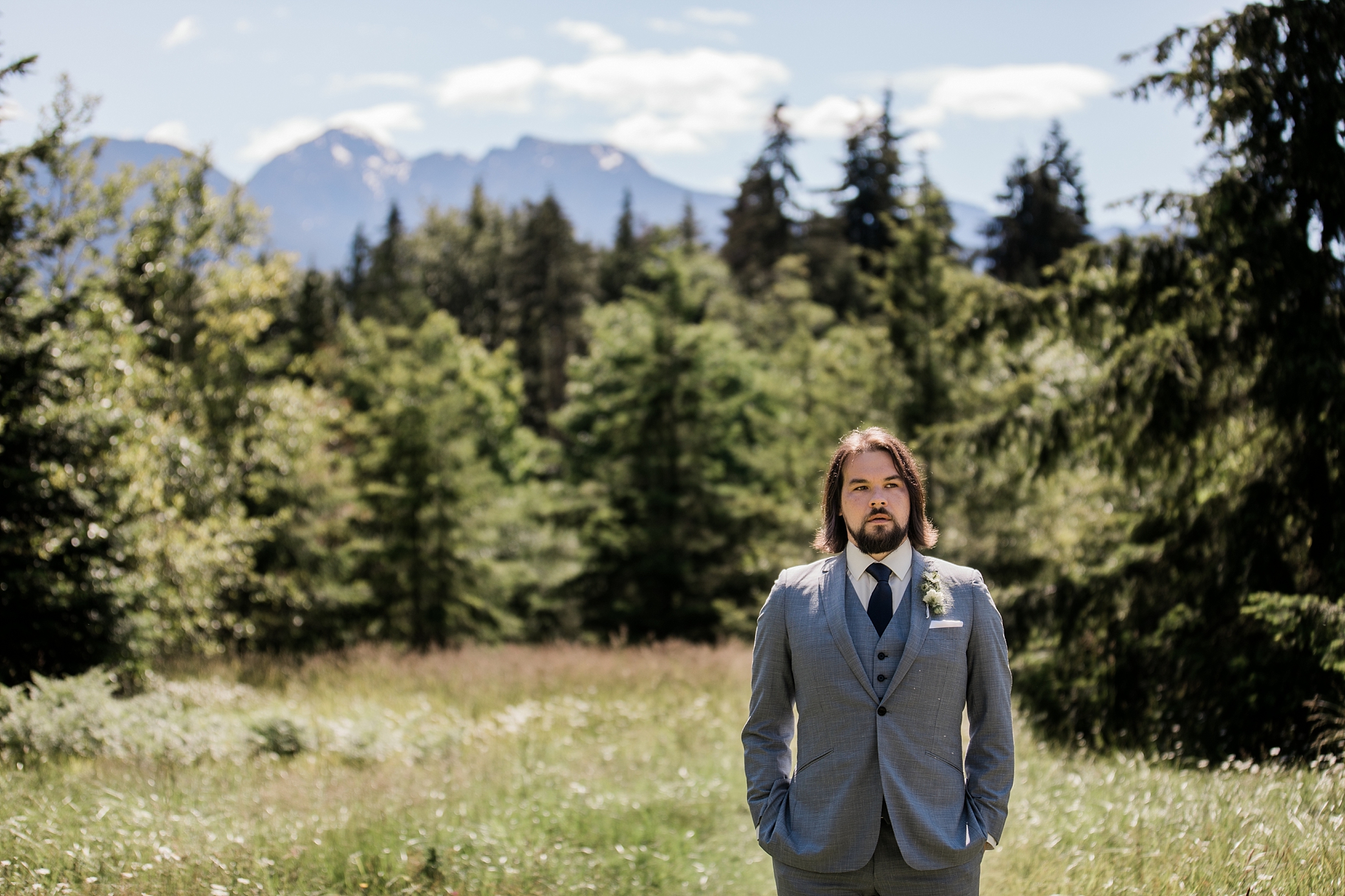 Groom waiting on bride for first look at Olympic View Cabins with Olympic National Park Wedding Photographer, Megan Montalvo Photography 