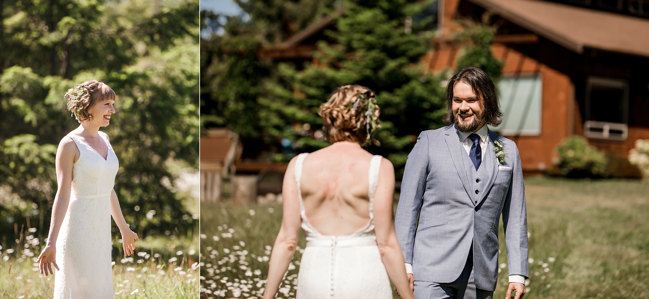 Groom sees Bride for the first time during first look before their intimate wedding ceremony at Olympic View Cabins | Megan Montalvo Photography 
