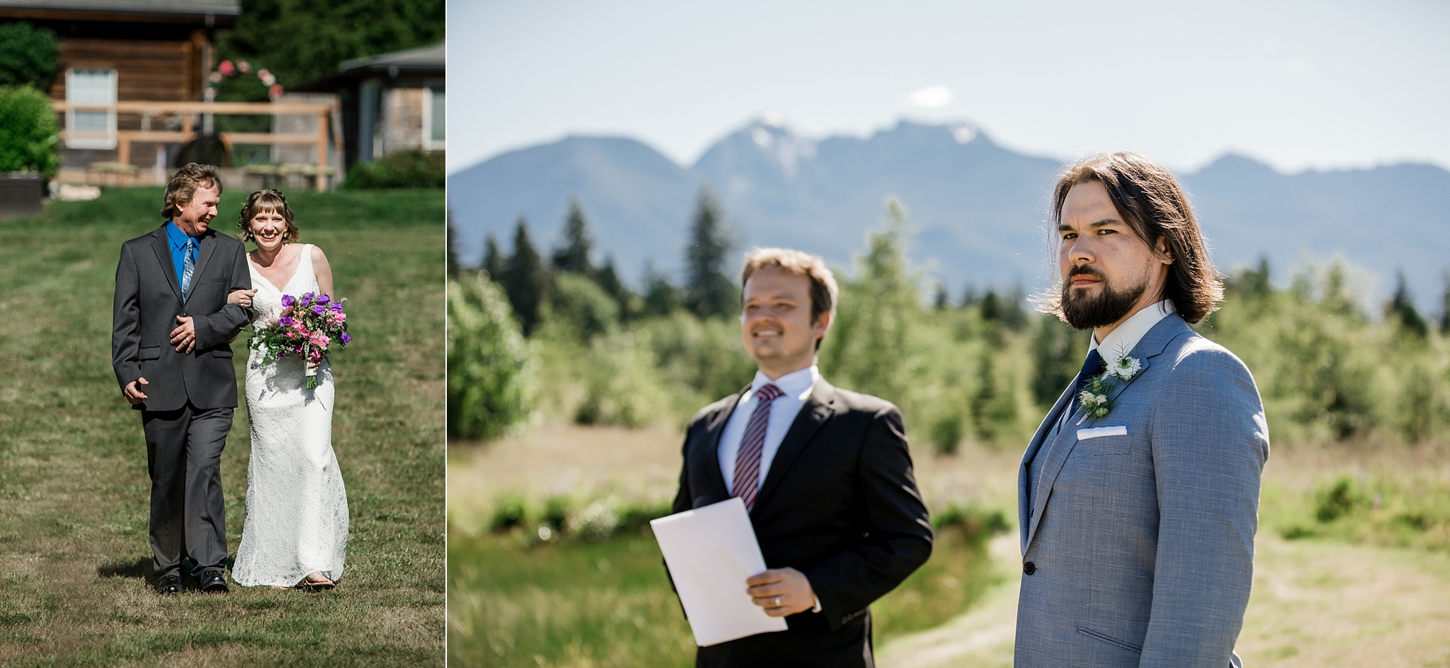 Bride walks down the aisle to groom for intimate wedding ceremony at Olympic View Cabins in the Olympic National Park | Megan Montalvo Photography 