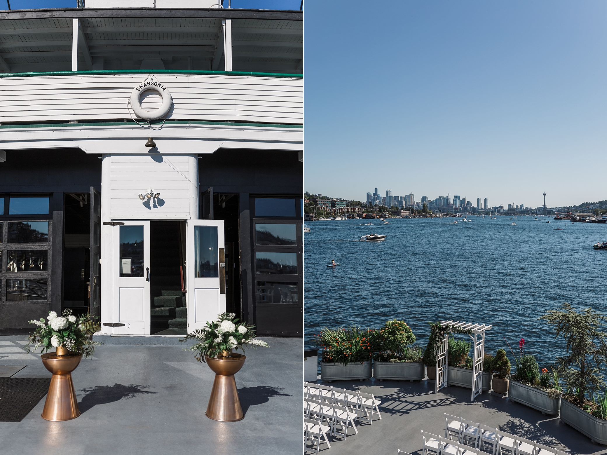 Seattle skyline from MV Skansonia waterfront wedding venue | Megan Montalvo Photography 