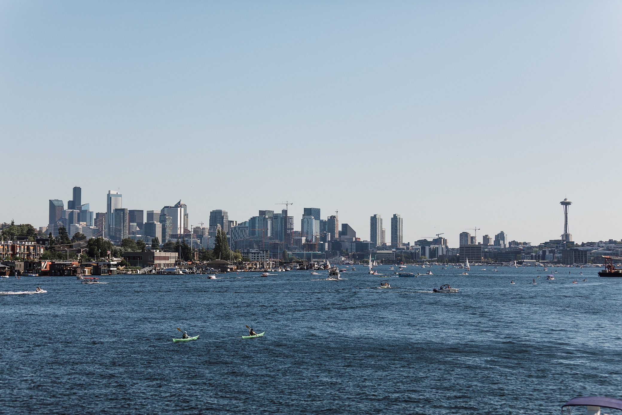 Seattle skyline from MV Skansonia waterfront wedding venue | Megan Montalvo Photography 