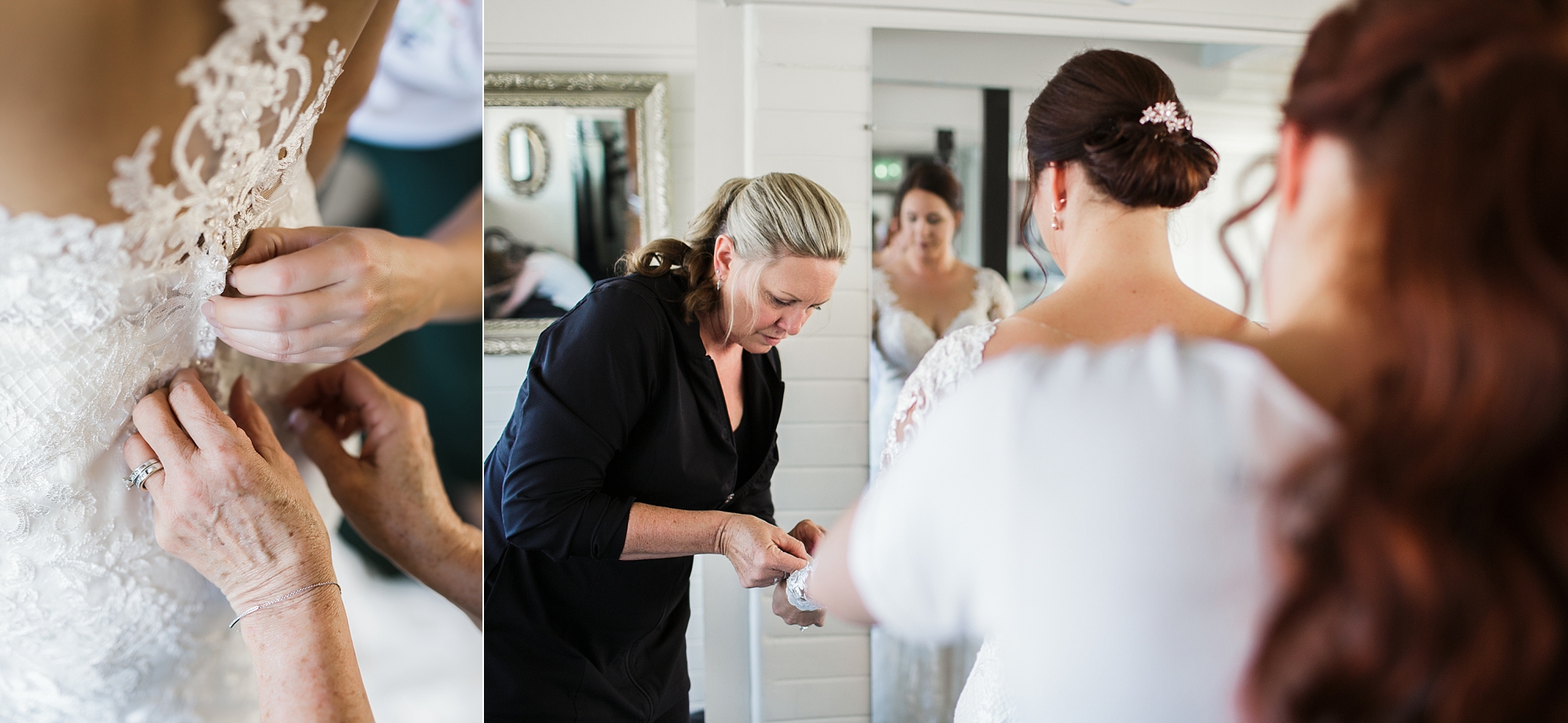 Bride getting ready and into her dress to prepare for first look on the MV Skansonia | Megan Montalvo Photography 