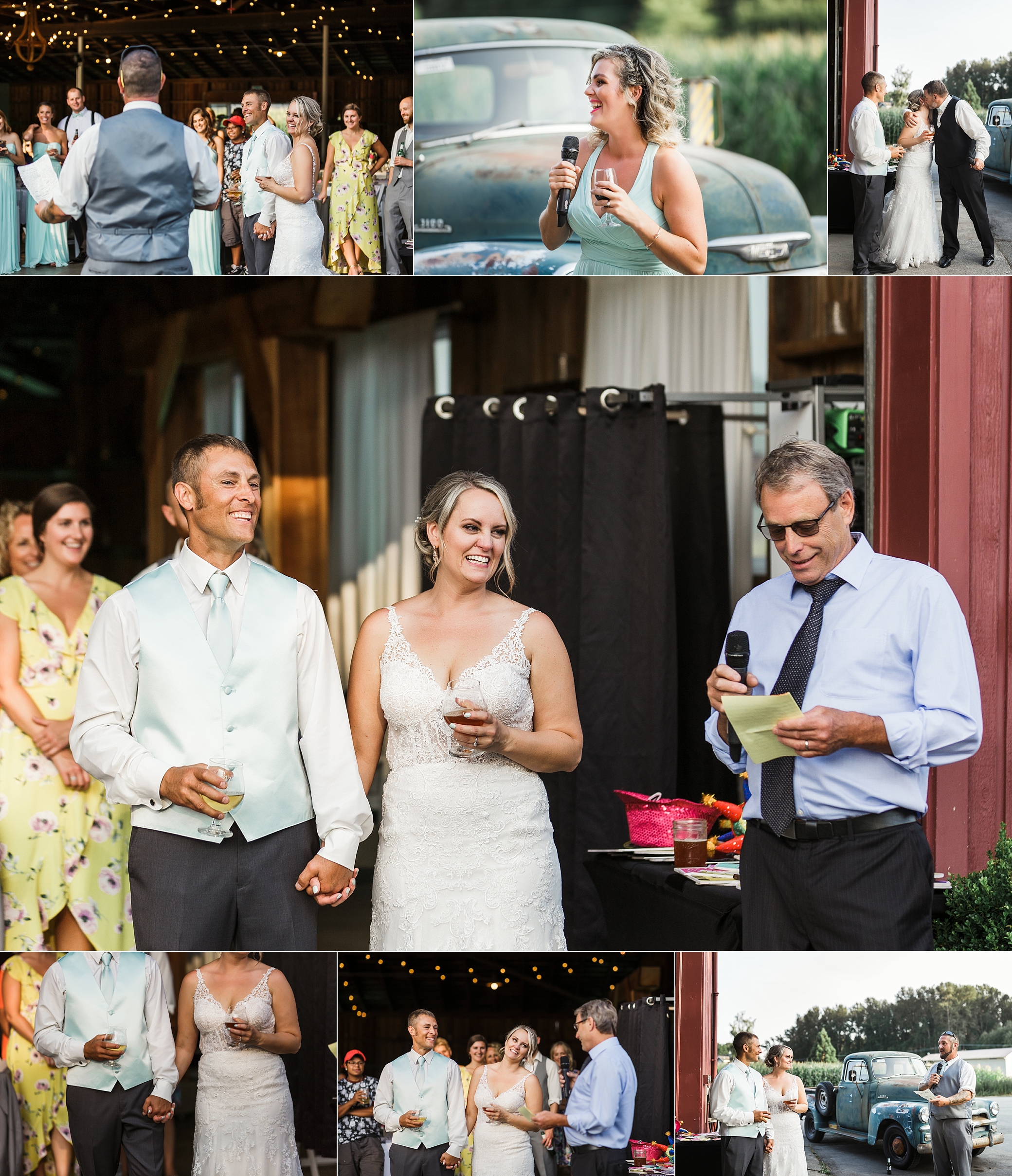 Wedding reception and toasts at Maplehurst Farm Wedding Venue in Mount Vernon, WA. Photographed by Washington Wedding Photographer, Megan Montalvo Photography. 