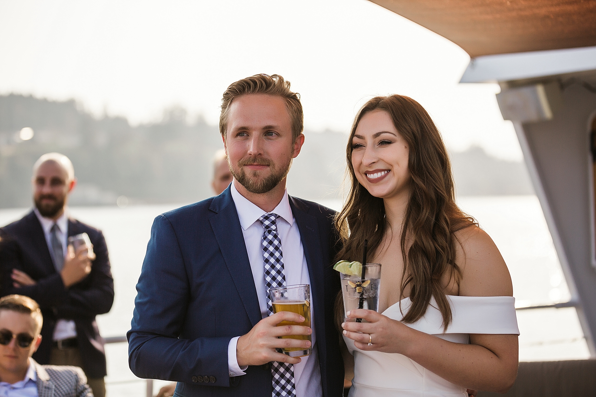 Bride and groom at rehearsal dinner on the Lady Alderbrook | Megan Montalvo Photography