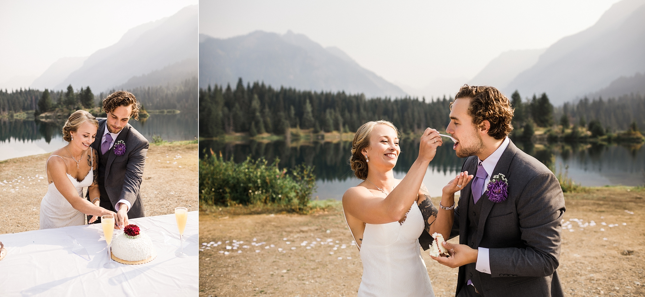 Bride and groom eating cake at their Snoqualmie Elopement | Megan Montalvo Photography
