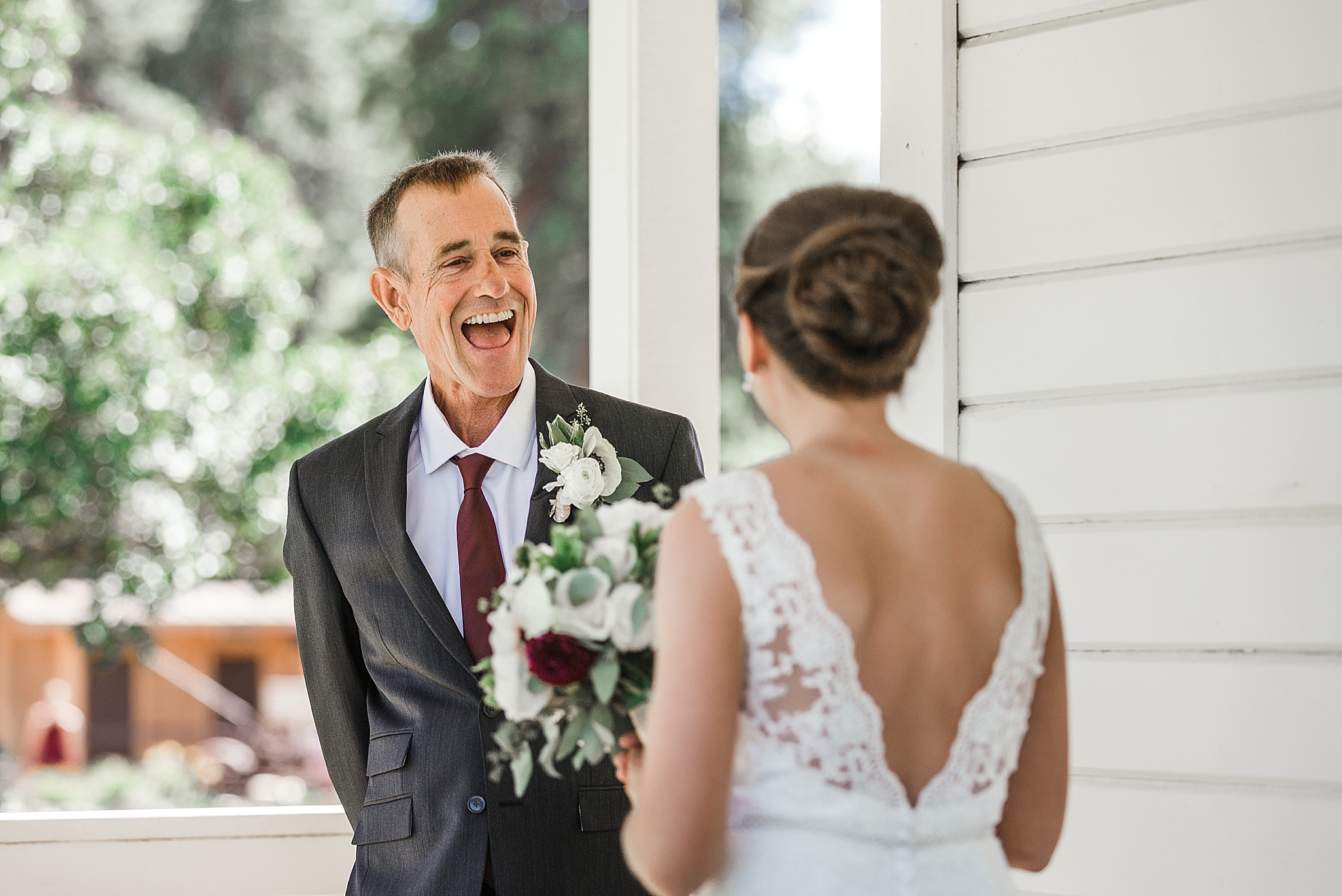 Bride and father of the bride first look at Cle Elum Wedding Photograpehd by WA Wedding Photographer, Megan Montalvo Photography. 