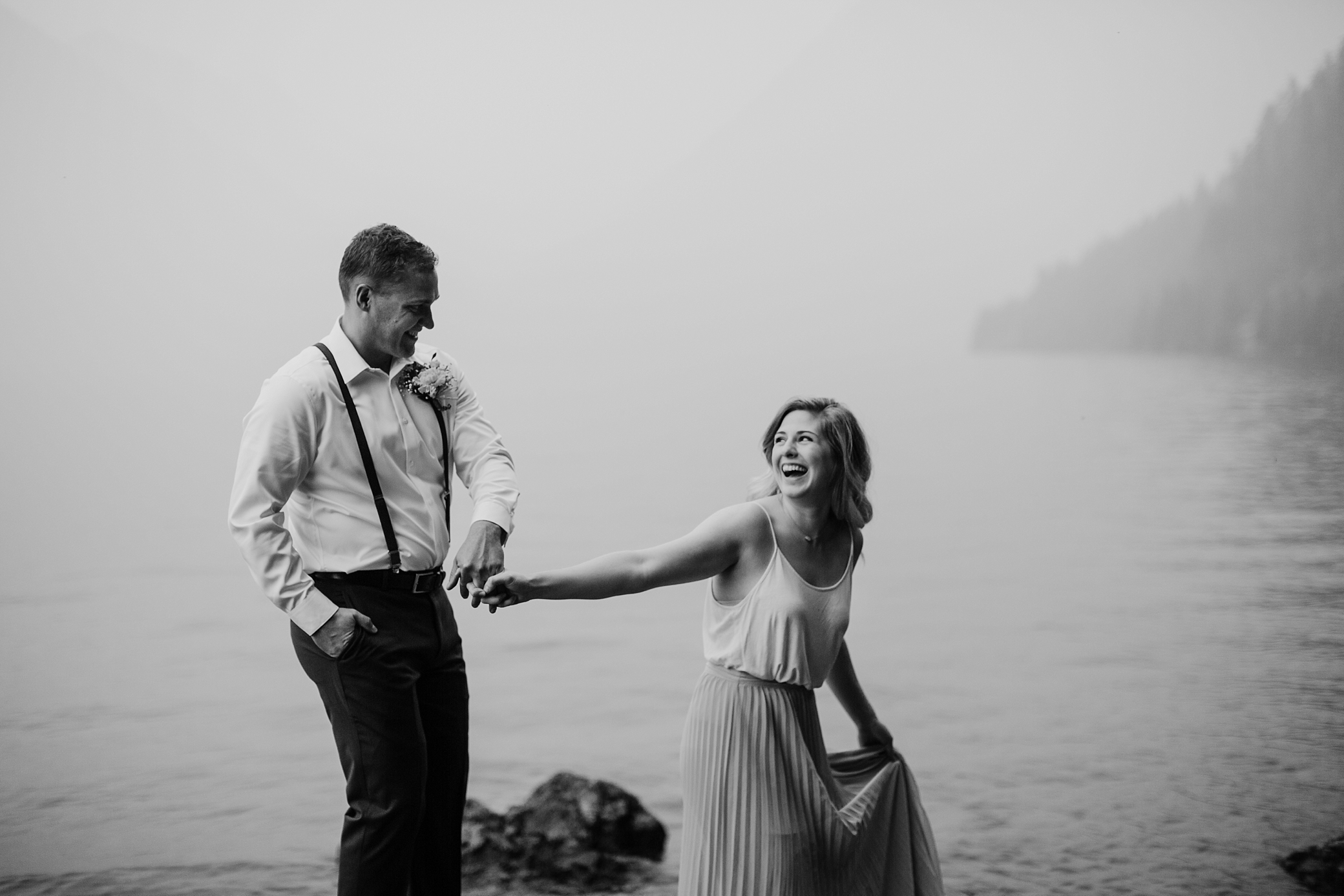 Bride and groom portraits on Lake Cushman in the Olympic National Park. Photographed by PNW Elopement Photographer, Megan Montalvo Photography. 