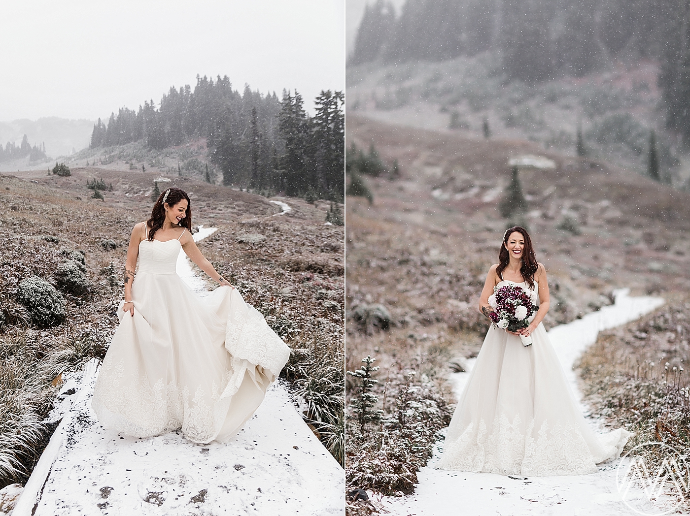 Snowy bridal photos during destination elopement at Mount Rainier in the PNW | Megan Montalvo Photography