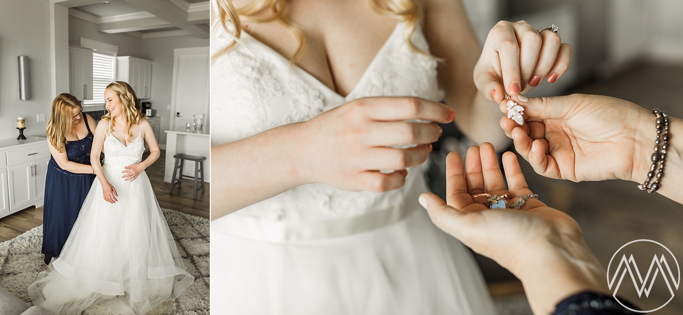 Bride putting on wedding dress | Doe Lake Campground Wedding | Megan Montalvo Photography