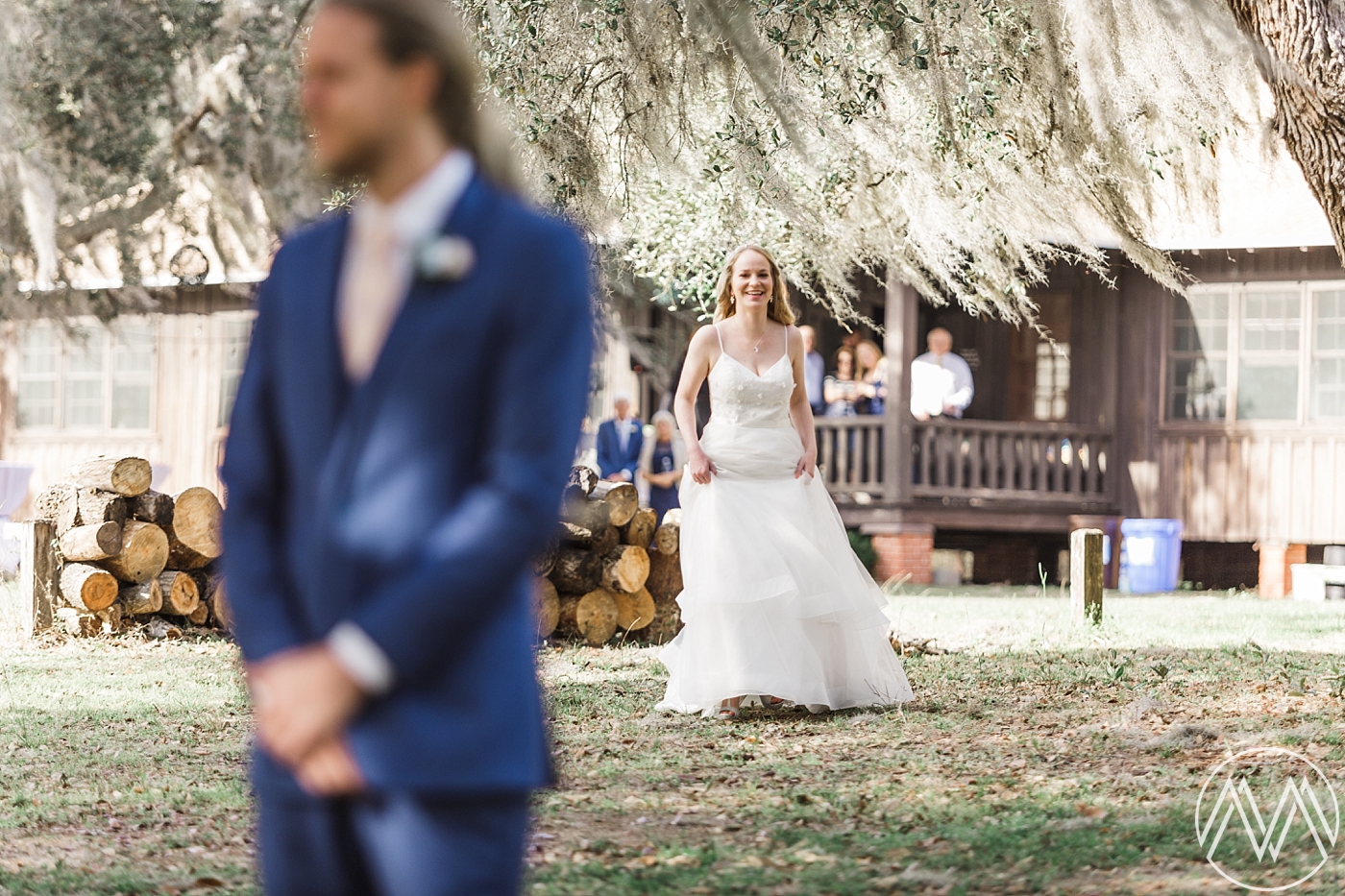 Bride and groom first look at Doe Lake Campground Wedding in the Ocala National Forest. Photographed by Orlando Wedding Photographer, Megan Montalvo Photography. 