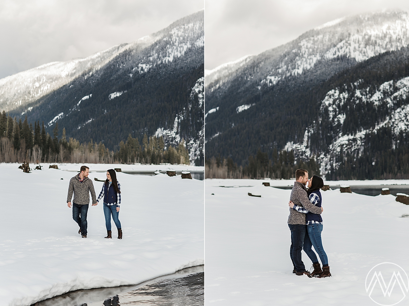 Snowy winter engagement session at Rattlesnake Lake with Tacoma Seattle Wedding Photographer, Megan Montalvo Photography. 