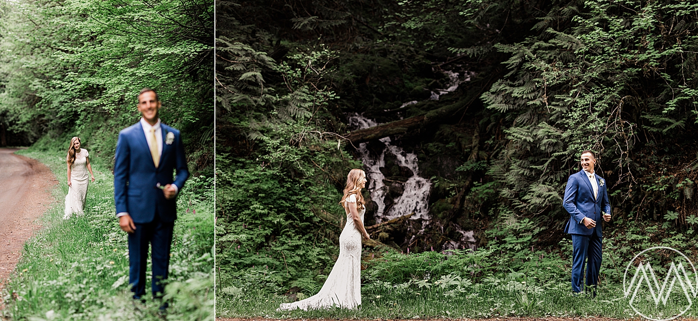 Bride and Groom First Look at Intimate Mt. Rainier Elopement. Photographed by Adventure Elopement Photographer, Megan Montalvo Photography. 