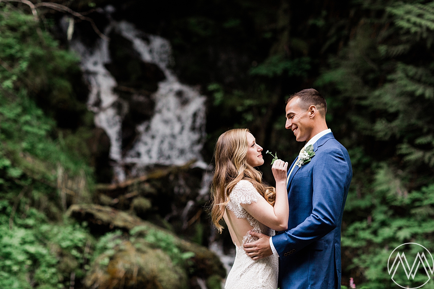 Bride and Groom First Look at Intimate Mt. Rainier Elopement. Photographed by Adventure Elopement Photographer, Megan Montalvo Photography. 