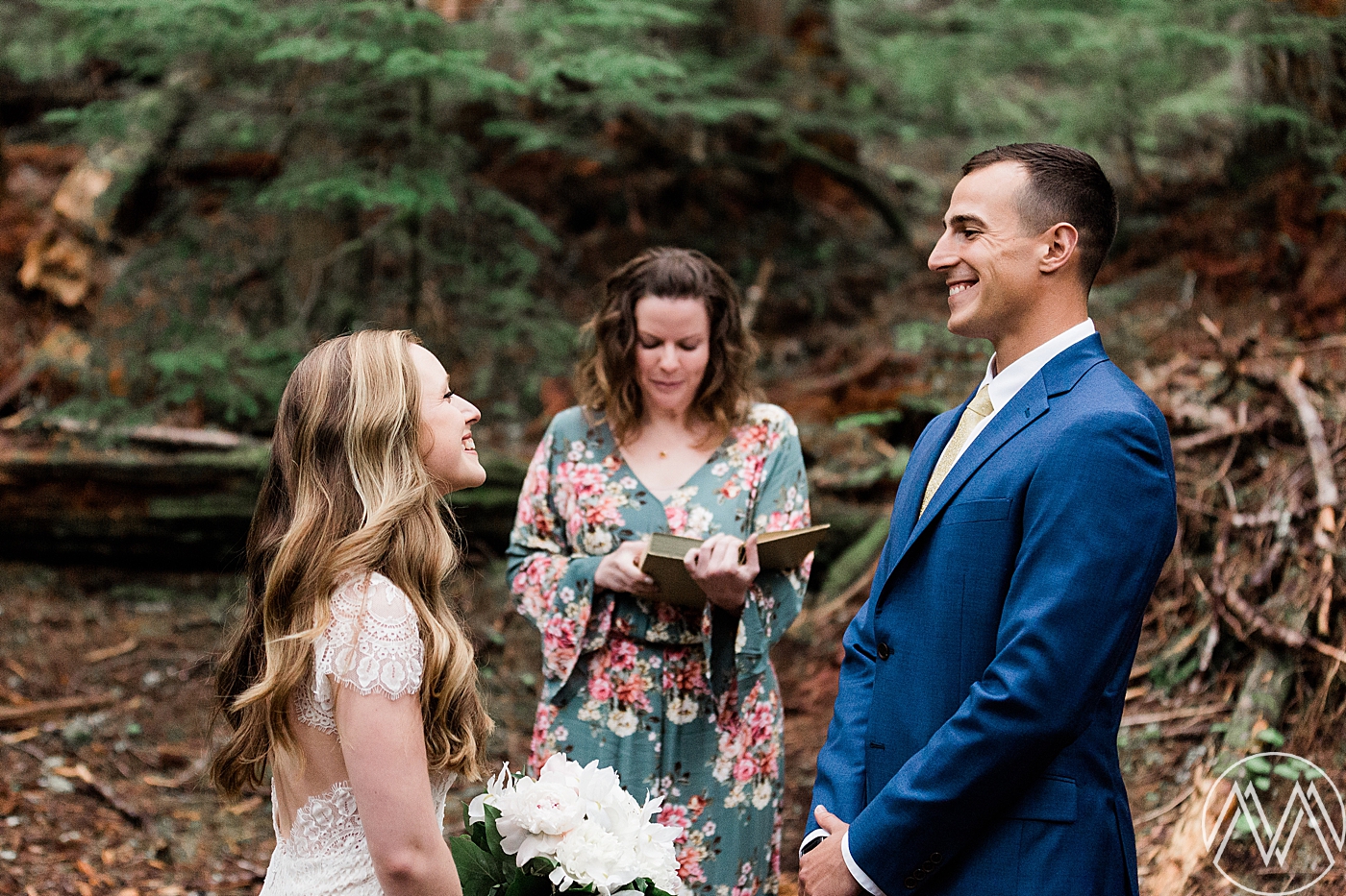 Intimate Mt. Rainier Elopement ceremony in the middle of the woods! Photographed by PNW Elopement Photographer, Megan Montalvo Photography. 