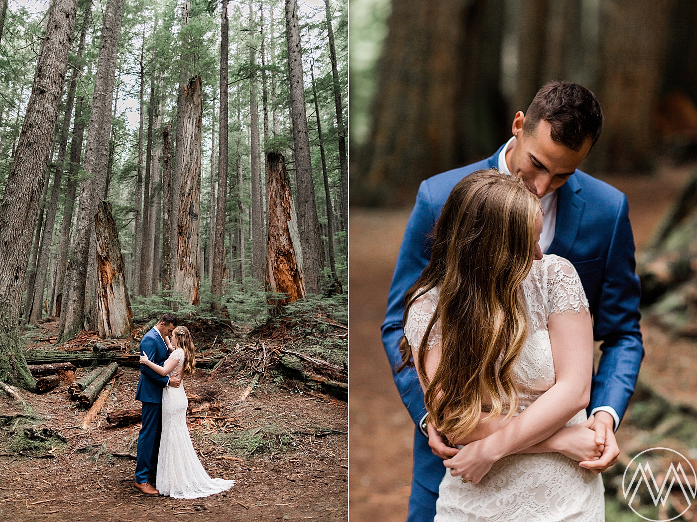 Bride and groom portraits in the woods of Mt. Rainier after intimate elopement ceremony. Photographed by adventure elopement photographer, Megan Montalvo Photography. 