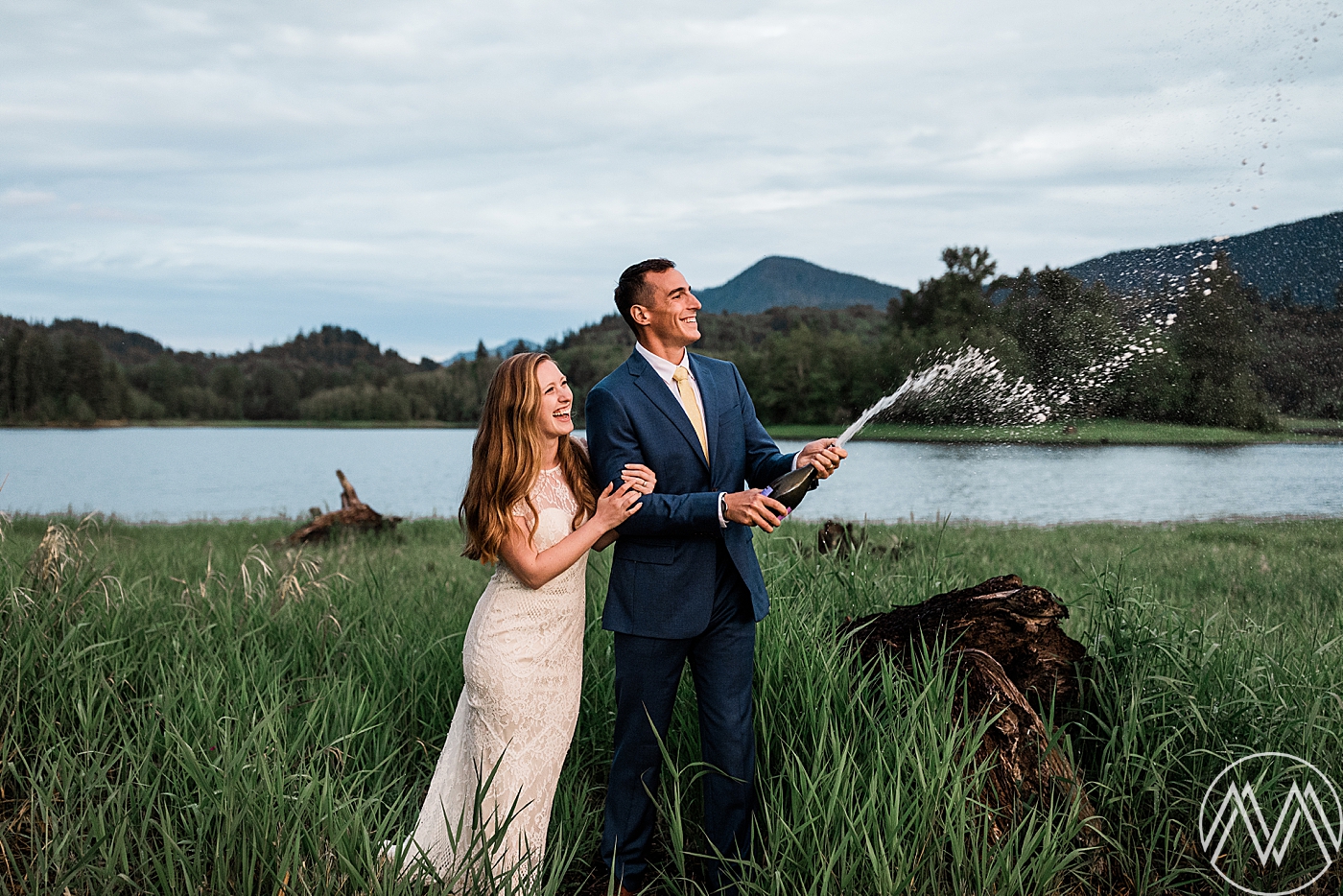 Champagne celebration after intimate elopement at Mount Rainier. Photographed by Megan Montalvo Photography. 