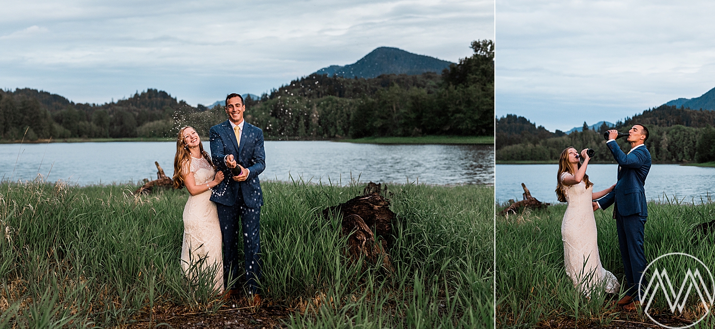 Champagne celebration after intimate elopement at Mount Rainier. Photographed by Megan Montalvo Photography. 