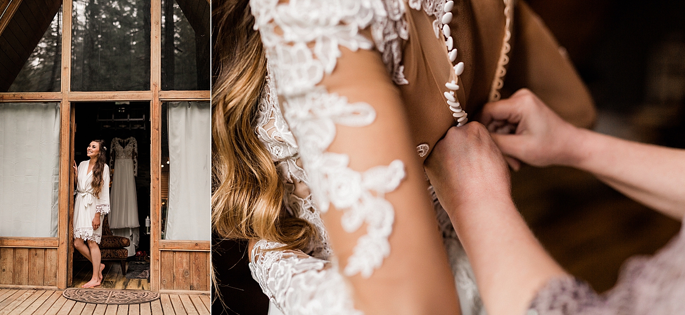 Bride getting ready photos for elopement ceremony outside of Mt. Rainier | Megan Montalvo Photography