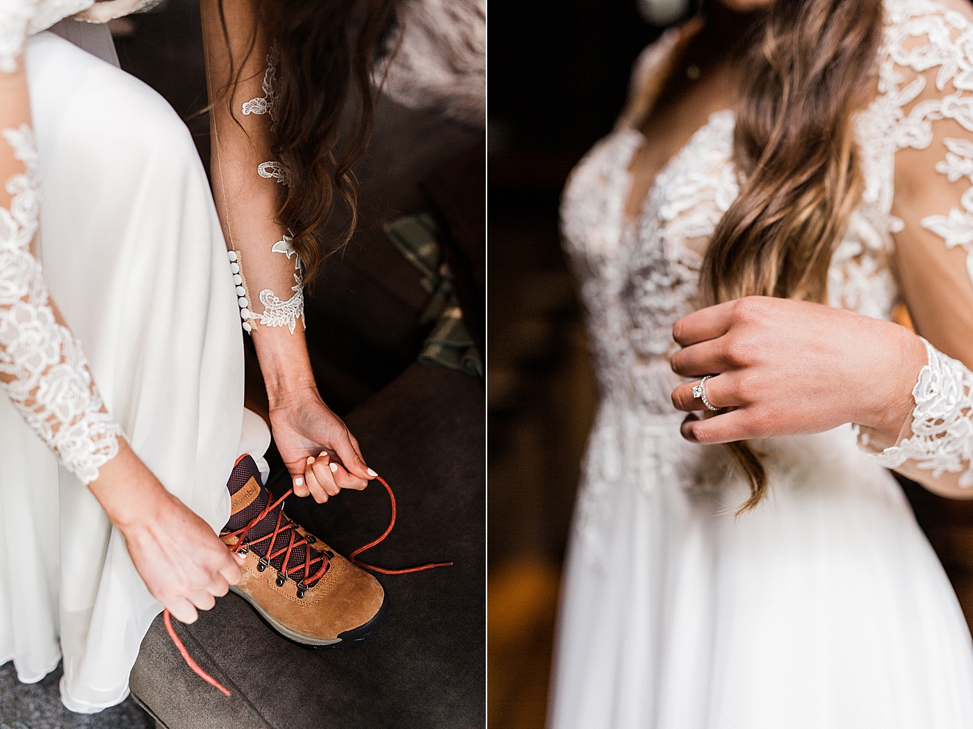 Bride in beautiful wedding gown and hiking shoes for PNW Adventure Elopement | Megan Montalvo Photography. 