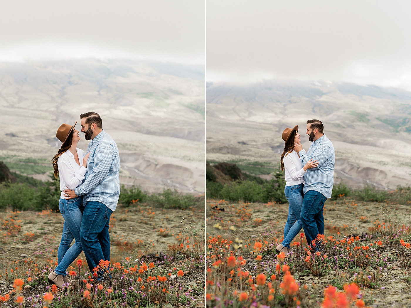Couple celebrates 8 year anniversary in the middle of the Mount St. Helens summer wildflowers. Photographed by PNW Adventure Photographer, Megan Montalvo Photography. 