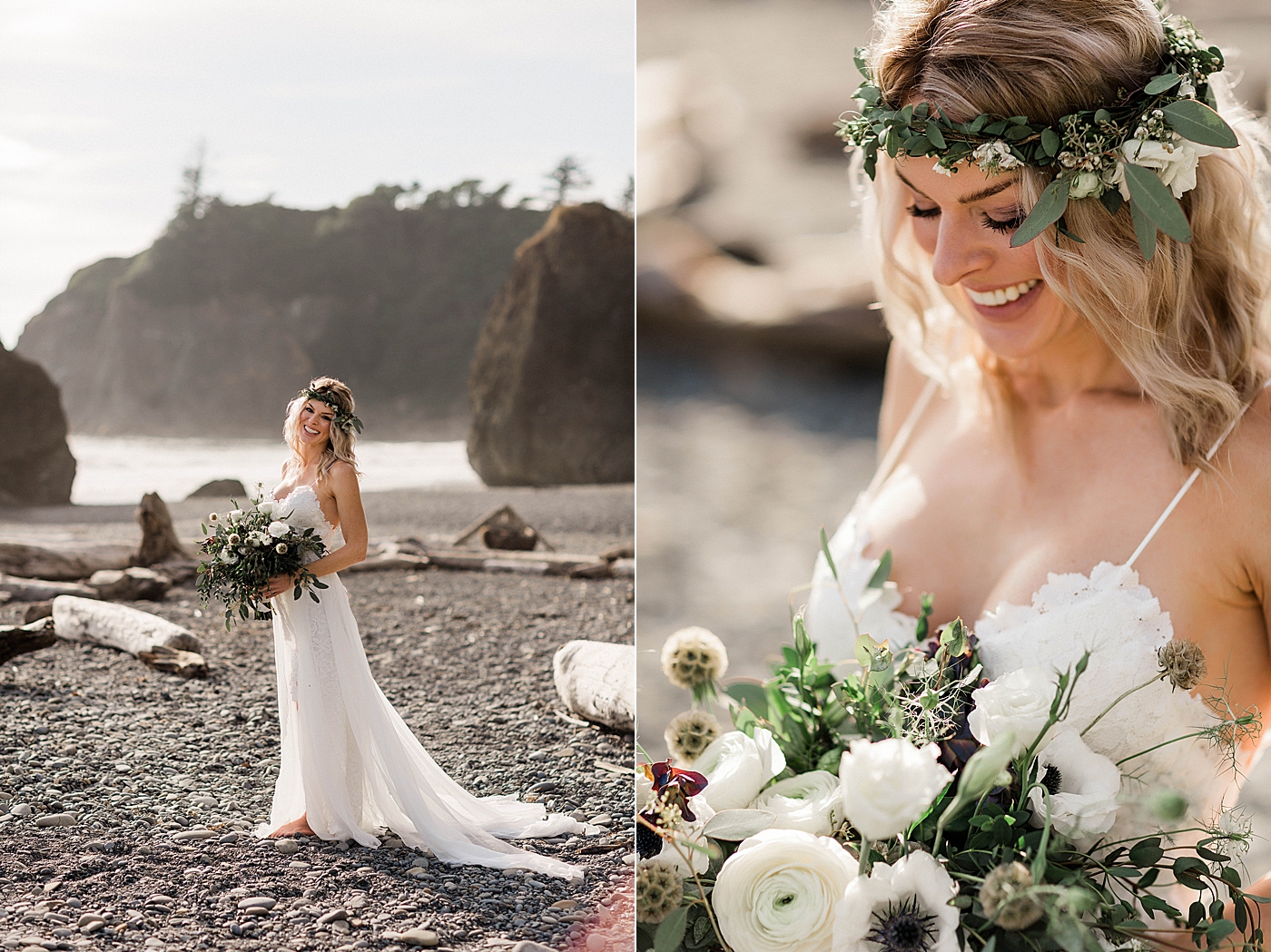 Bridal portraits at Ruby Beach. Photographed by PNW Elopement Photographer, Megan Montalvo Photography. 