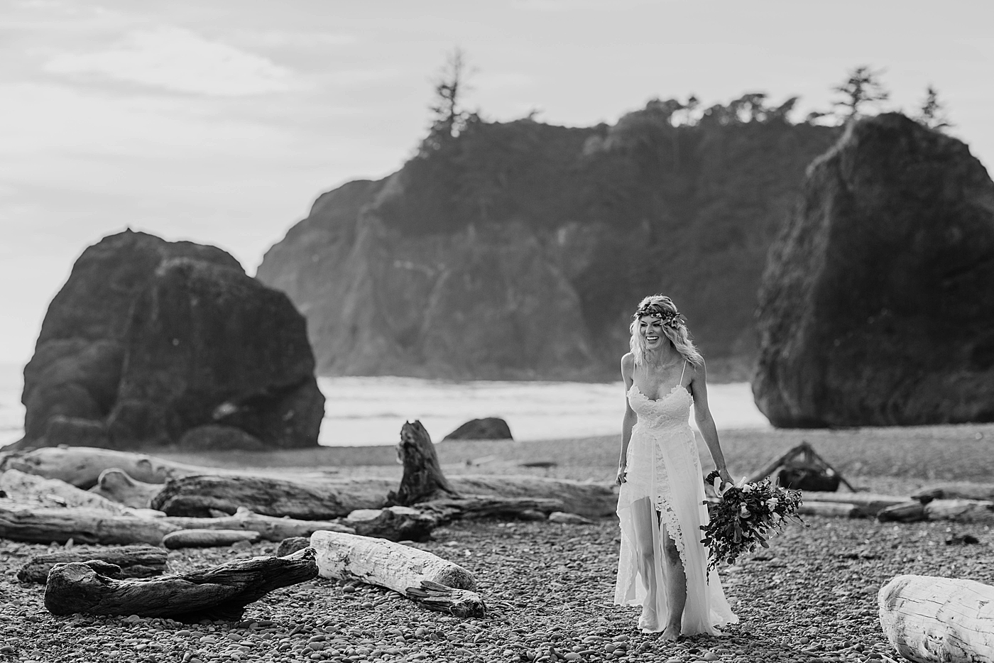 Bridal portraits at Ruby Beach. Photographed by PNW Elopement Photographer, Megan Montalvo Photography. 