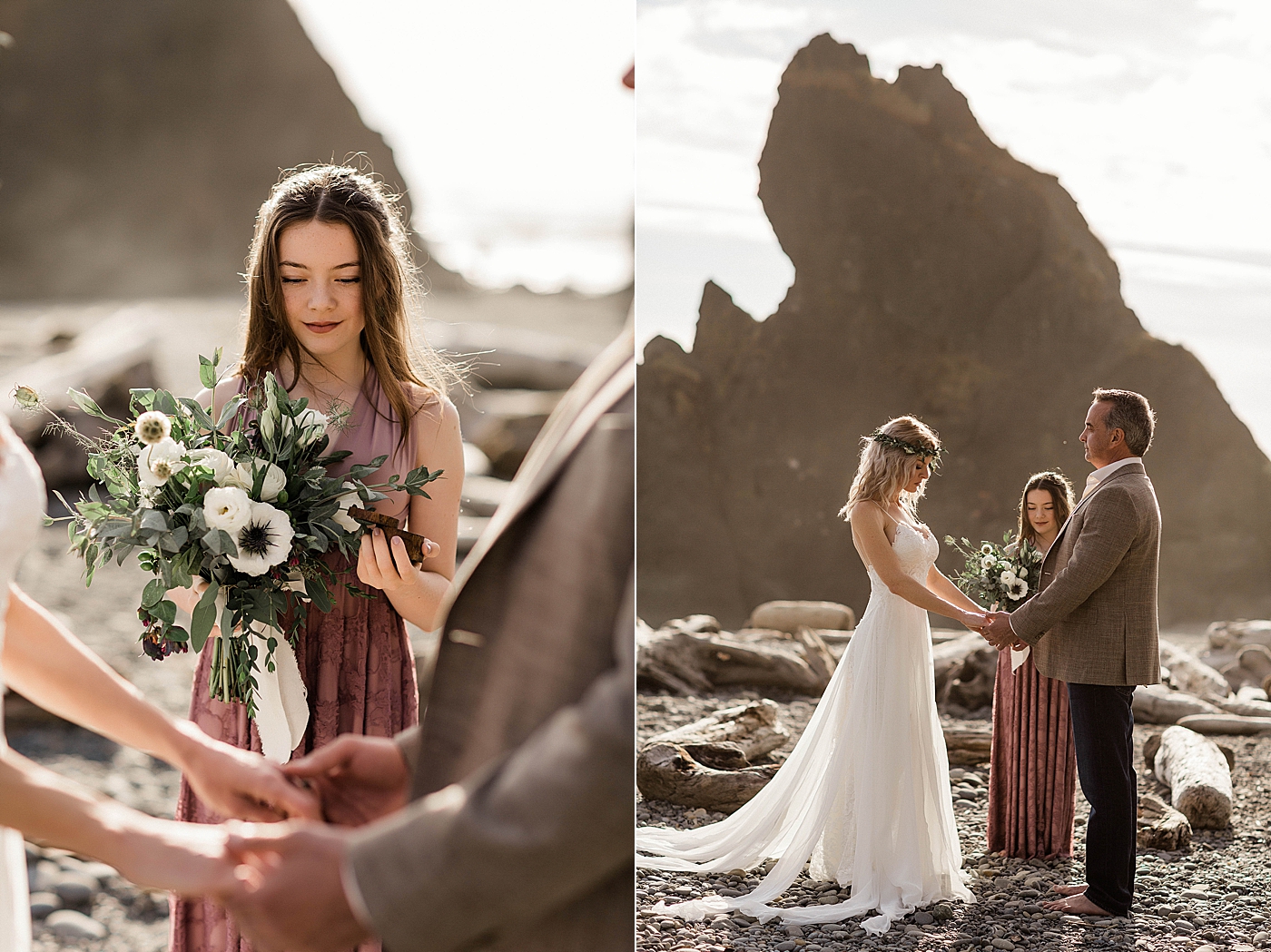 Intimate elopement ceremony with couple and daughter on Ruby Beach. Photographed by Washington Elopement Photographer, Megan Montalvo Photography. 