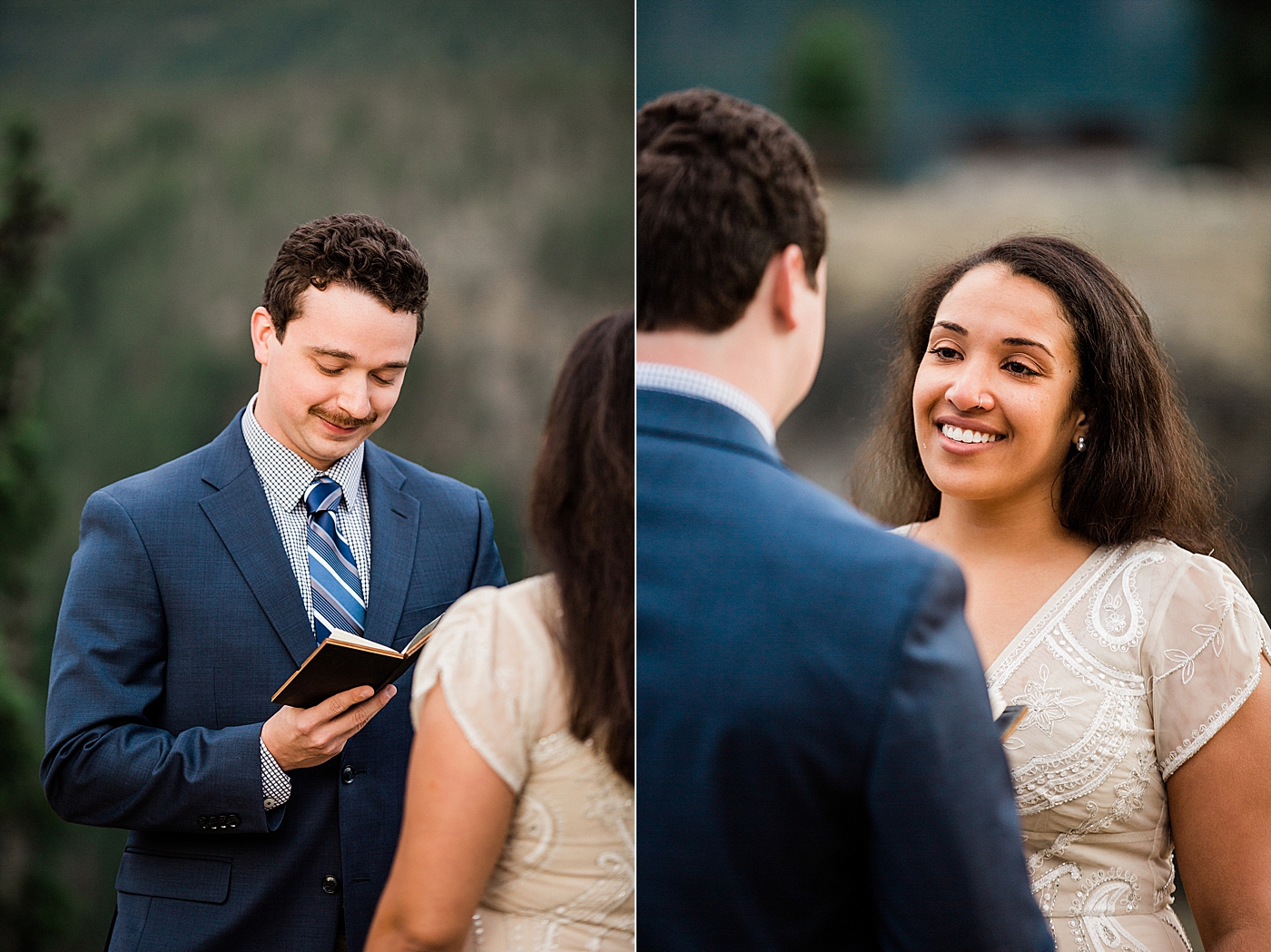 Bride and groom exchange vows at intimate elopement ceremony at Diablo Lake. Photographed by Washington Elopement Photographer, Megan Montalvo Photography. 
