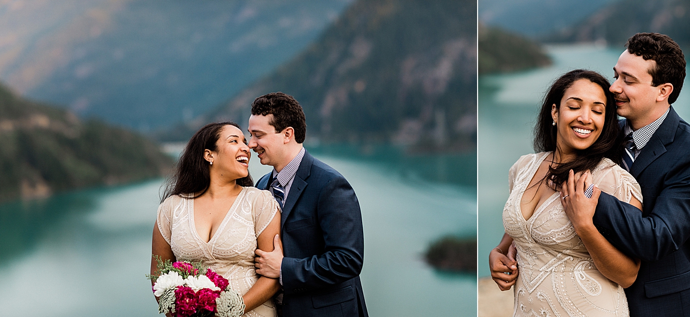 Intimate elopement in the PNW at Diablo Lake. Photographed by Seattle Elopement Photographer, Megan Montalvo Photography. 