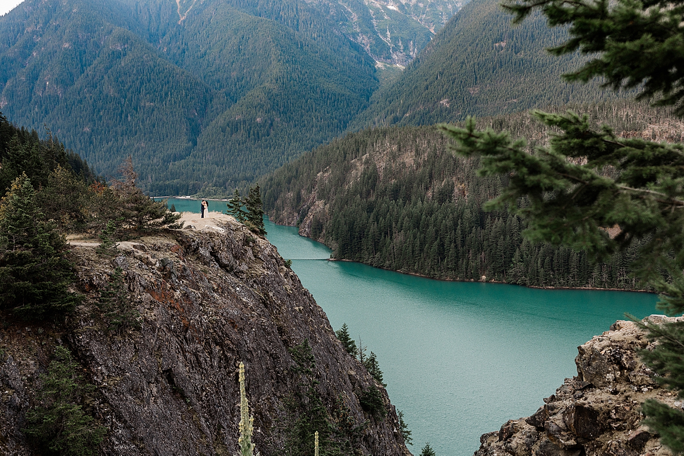 Intimate elopement in the PNW at Diablo Lake. Photographed by Seattle Elopement Photographer, Megan Montalvo Photography. 