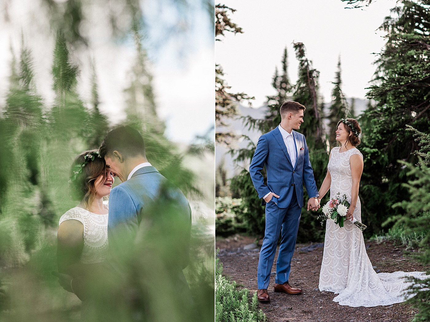 Couples first look at Mount Rainier before elopement ceremony. Photographed by PNW Elopement Photographer, Megan Montalvo Photography. 