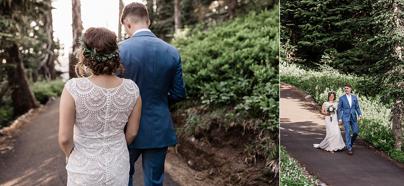 Bride and groom walk to intimate wedding ceremony together at Mount Rainier. Photographed by Adventure Elopement Photographer, Megan Montalvo Photography. 