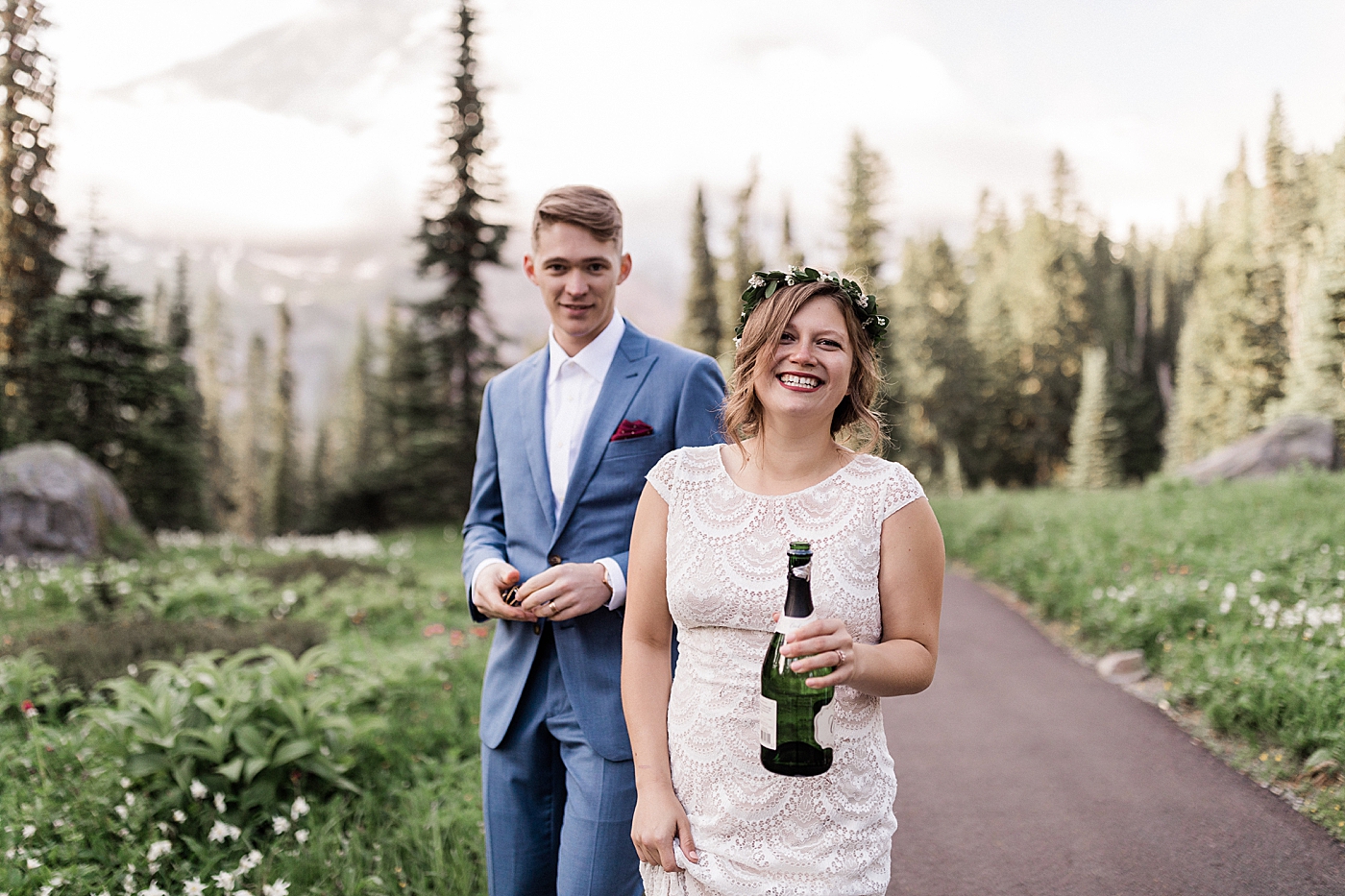 Bride and groom celebrate with champagne after Mt. Rainier Elopement! Photographed by Adventure Elopement Photographer, Megan Montalvo Photography. 