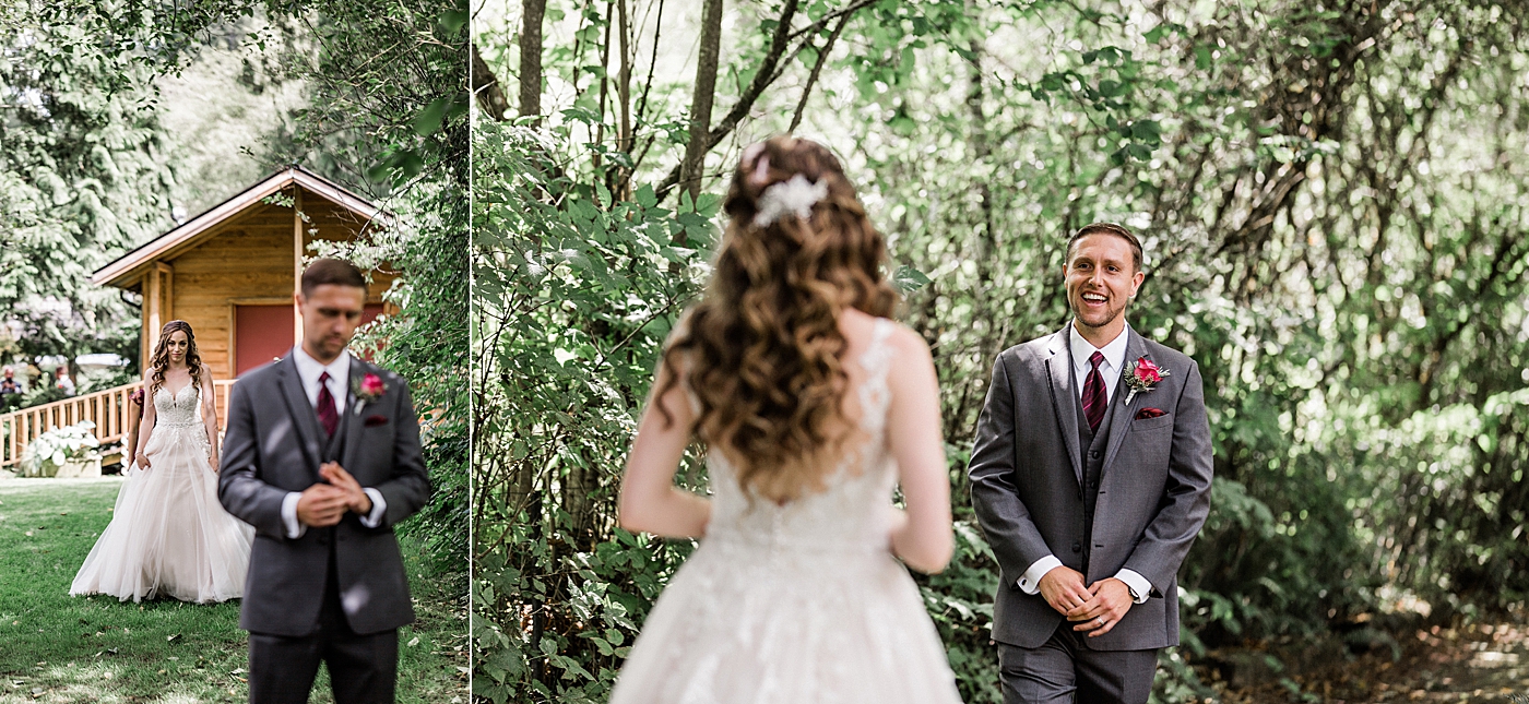 Bride and groom first look at Cedar Springs in Port Orchard, WA. Photographed by Tacoma Wedding Photographer, Megan Montalvo Photography. 