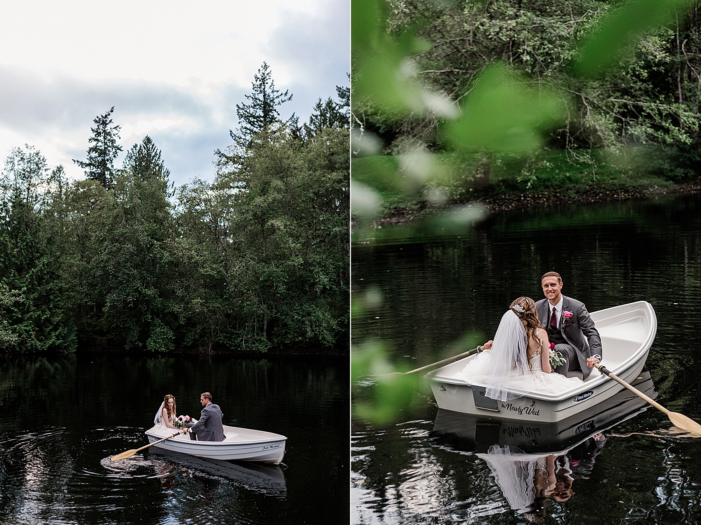 Bride and groom photos in the row boat at Cedar Springs. Photography by Port Orchard Wedding Photographer, Megan Montalvo Photography. 