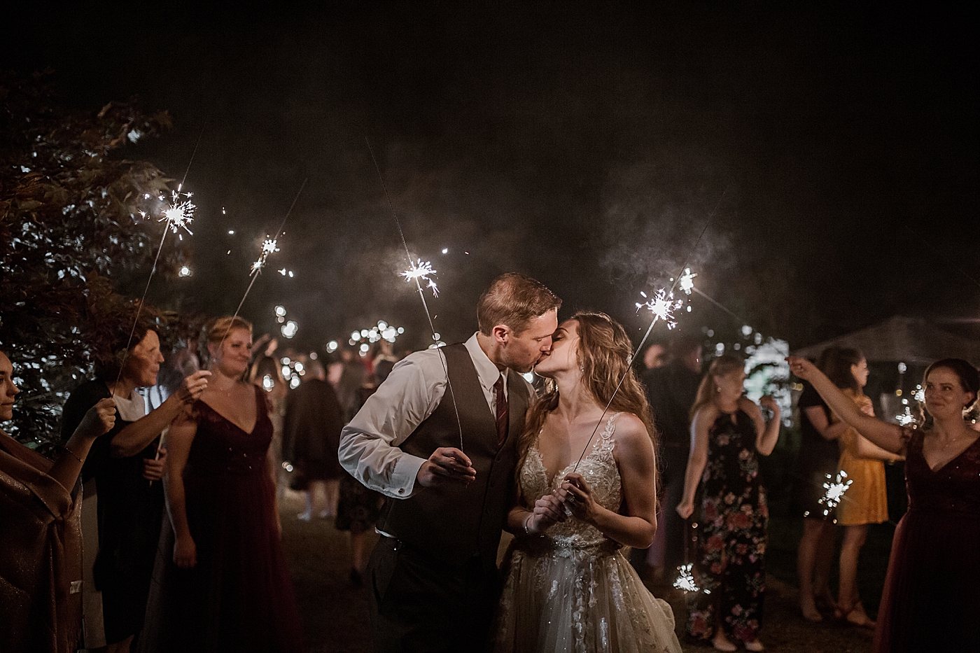 Sparkler exit at Cedar Springs wedding venue in Port Orchard, WA | Megan Montalvo Photography