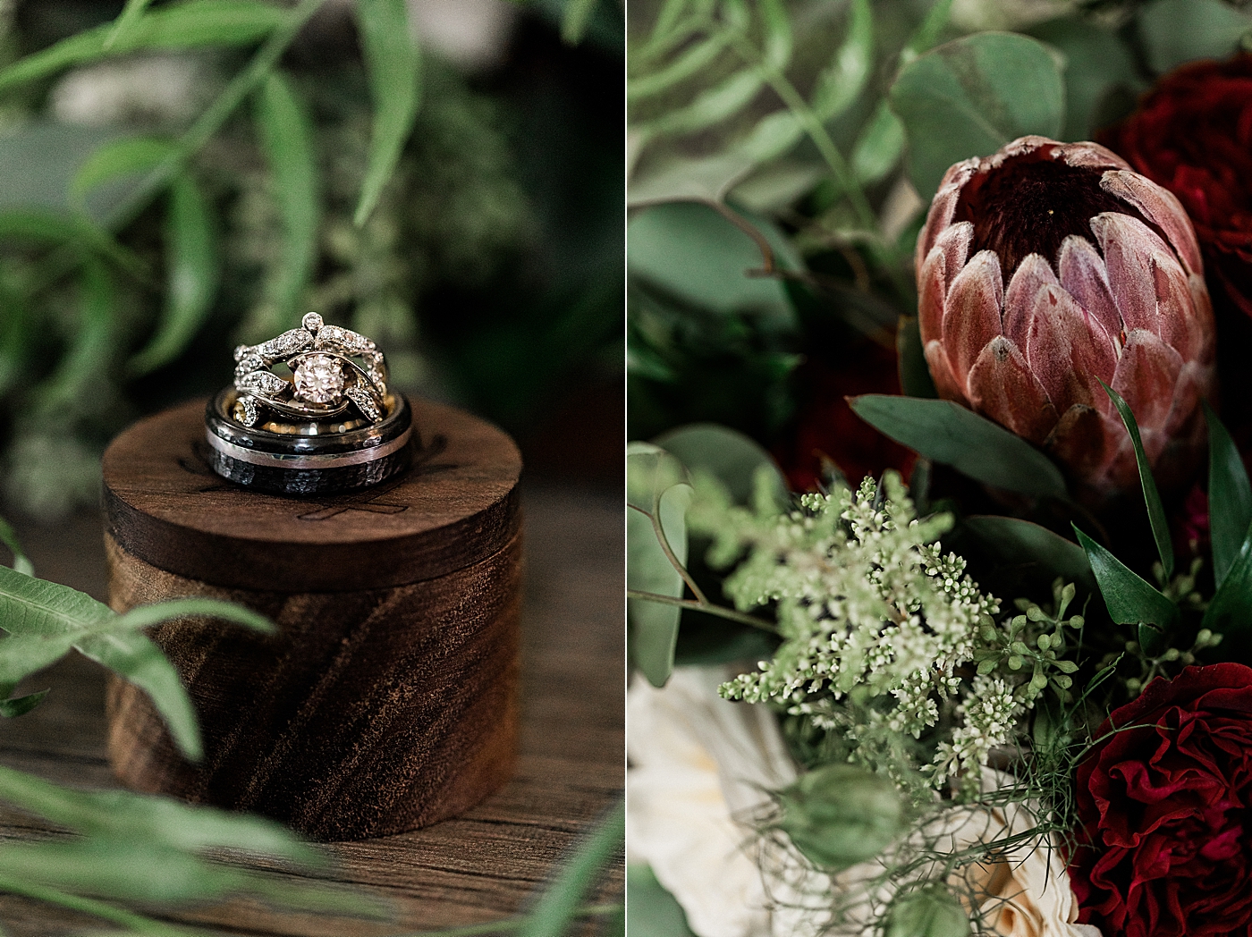 Wedding ring and bridal bouquet details | Megan Montalvo Photography