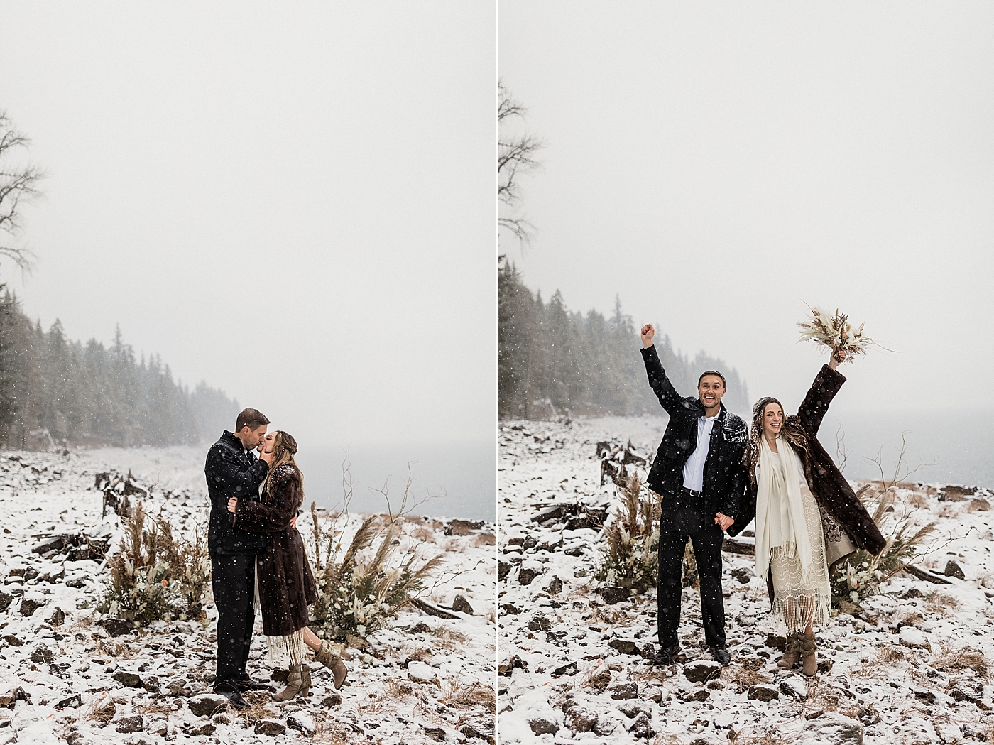 Snowy elopement at Lake Kachess. Photos by PNW Elopement Photographer, Megan Montalvo Photography. 
