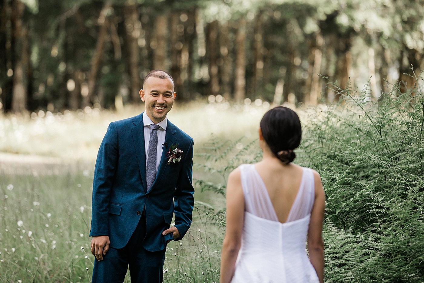 Bride and grooms first look at Lake Crescent in the Olympic National Park | Megan Montalvo Photography