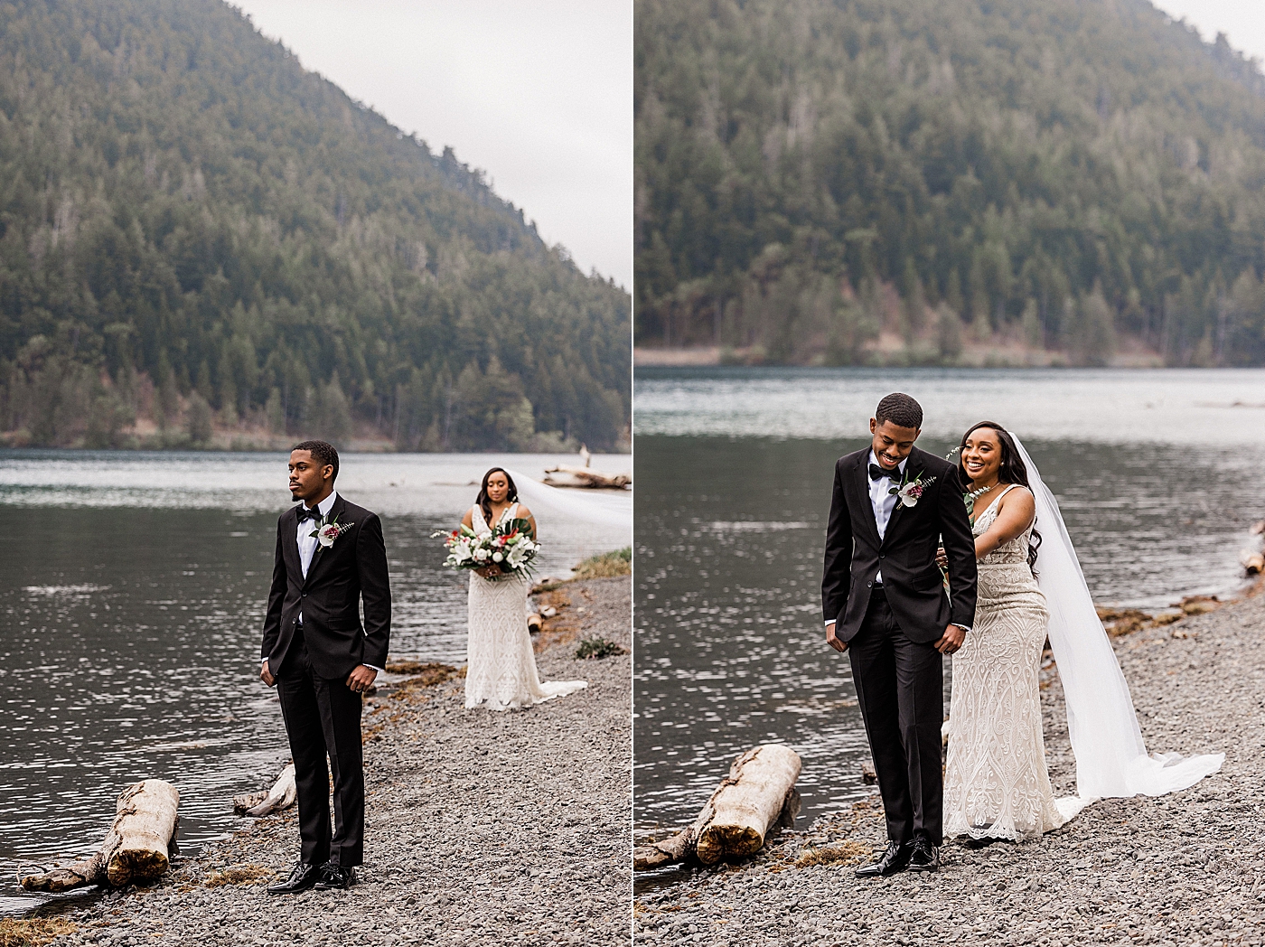 First look during Lake Crescent Elopement in the Olympic National Park | Photo by Megan Montalvo Photography